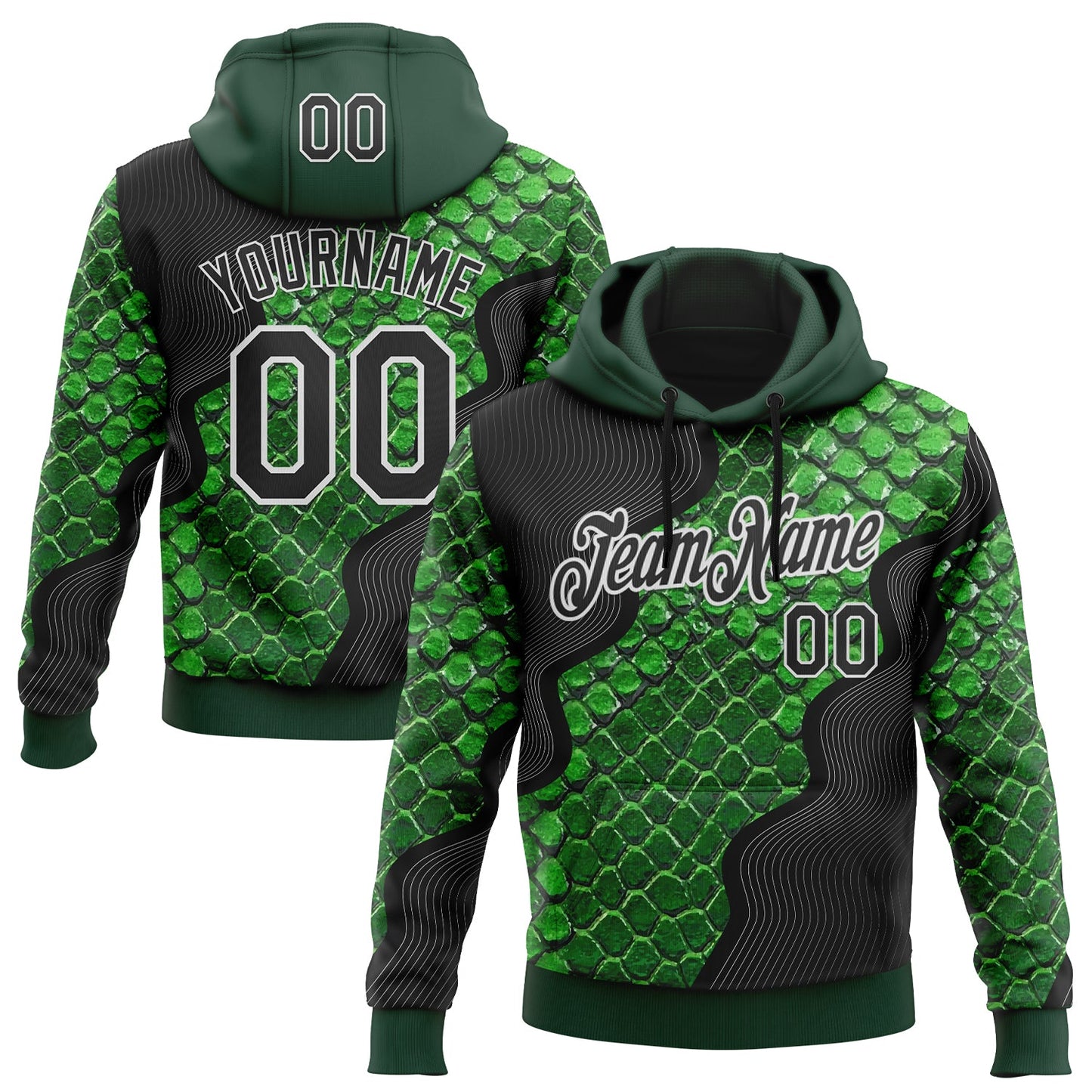 Custom Stitched Green Black-White 3D Pattern Design Snake Skin Print Sportswear Pullover Sweatshirt Hoodie - Main View