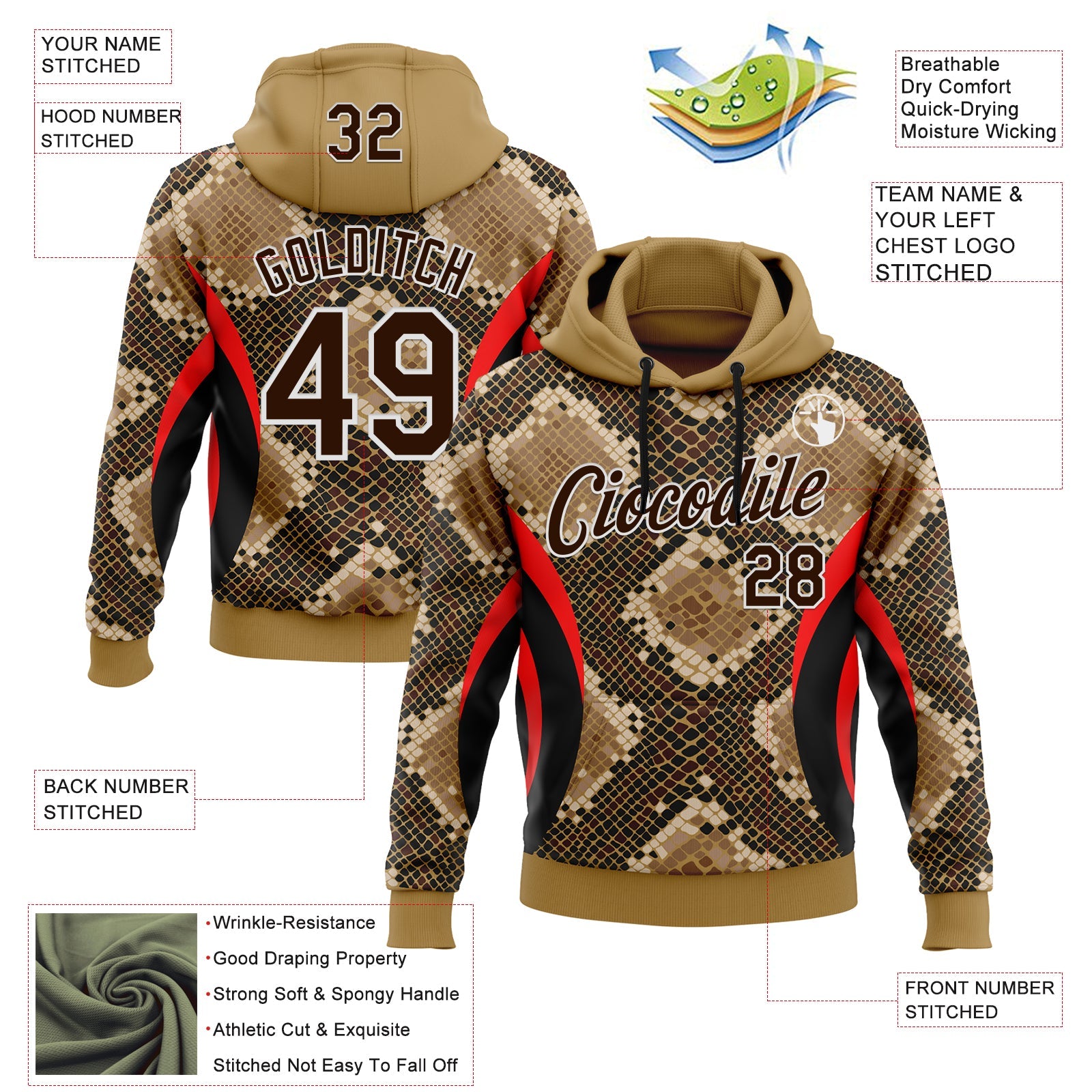 Custom Stitched Old Gold Brown Black Red-White 3D Pattern Design Snake Skin Print Sportswear Pullover Sweatshirt Hoodie view 2