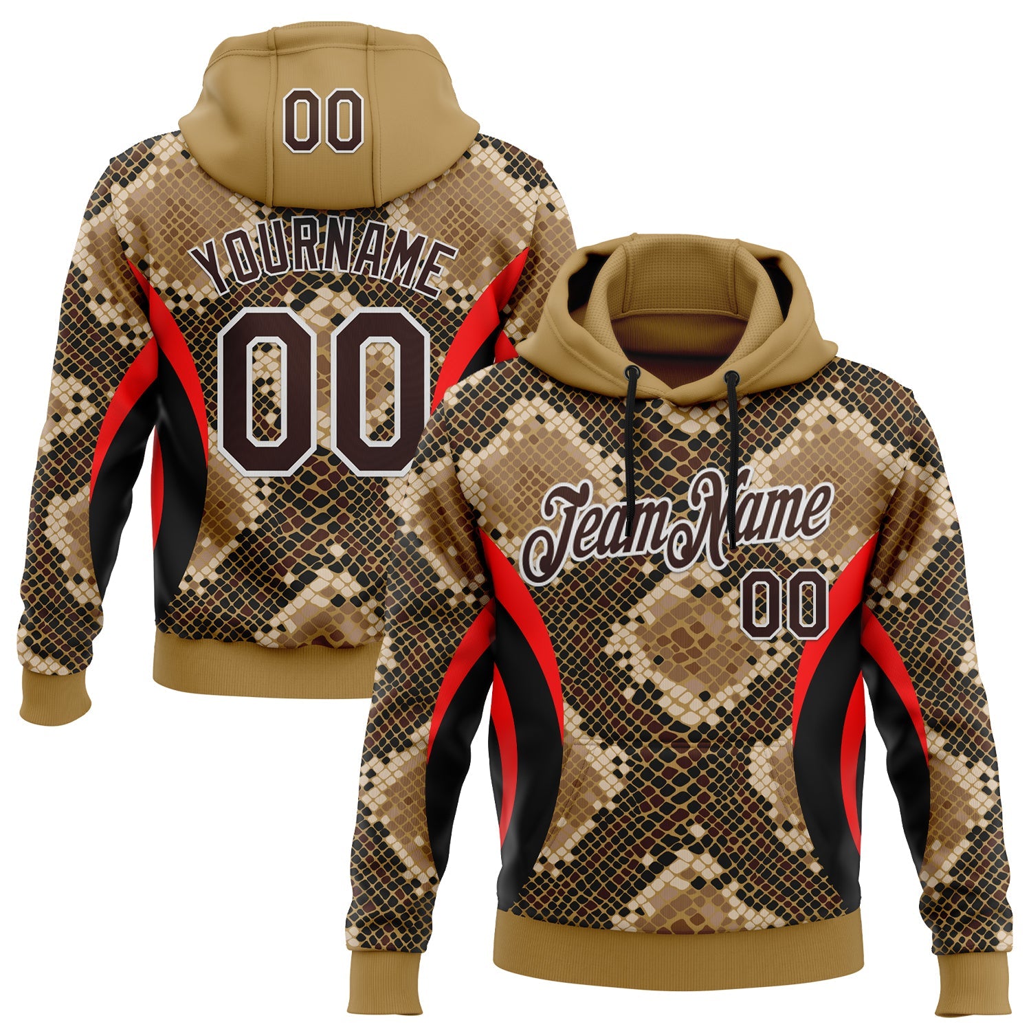Custom Stitched Old Gold Brown Black Red-White 3D Pattern Design Snake Skin Print Sportswear Pullover Sweatshirt Hoodie - Main View