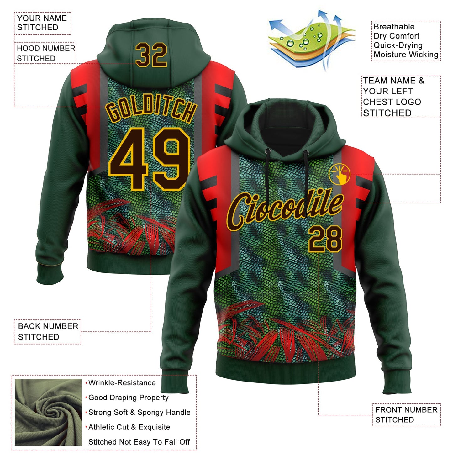 Custom Stitched Green Brown Red-Yellow 3D Pattern Design Snake Skin Print Sportswear Pullover Sweatshirt Hoodie view 2