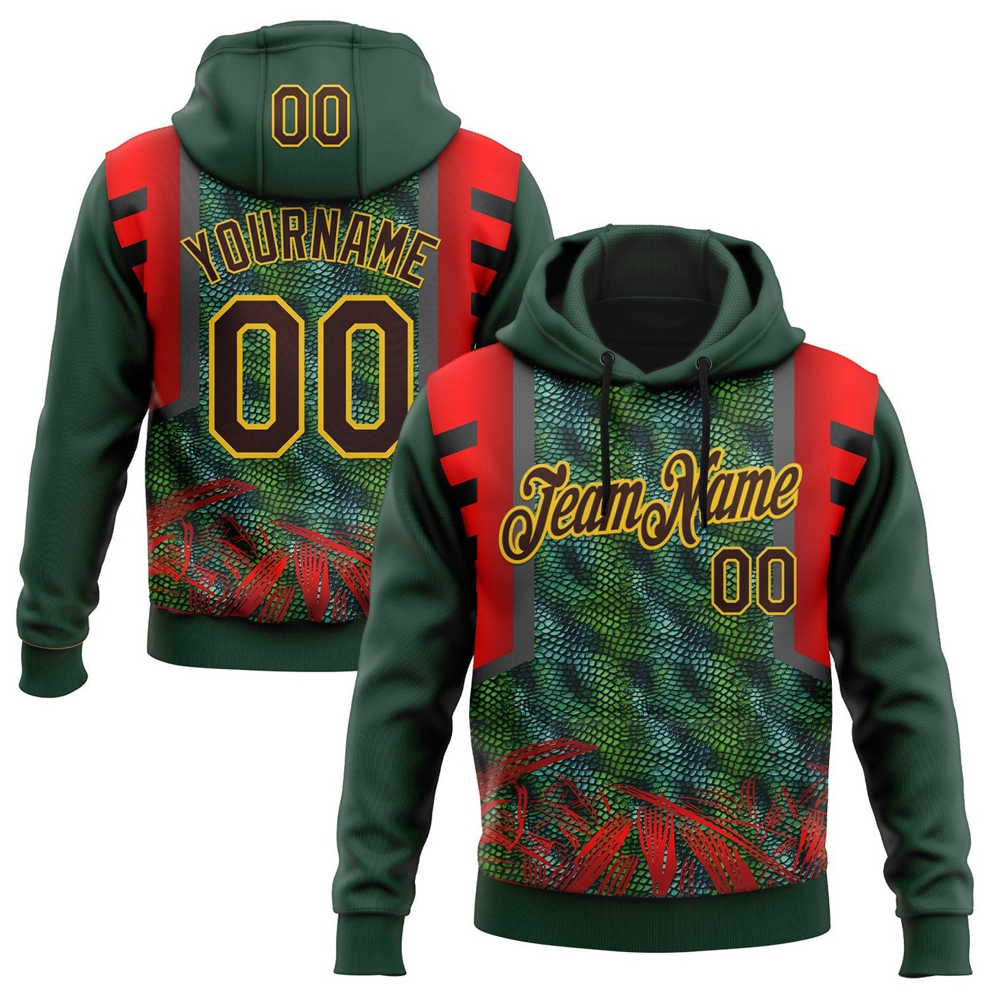 Custom Stitched Green Brown Red-Yellow 3D Pattern Design Snake Skin Print Sportswear Pullover Sweatshirt Hoodie - Main View
