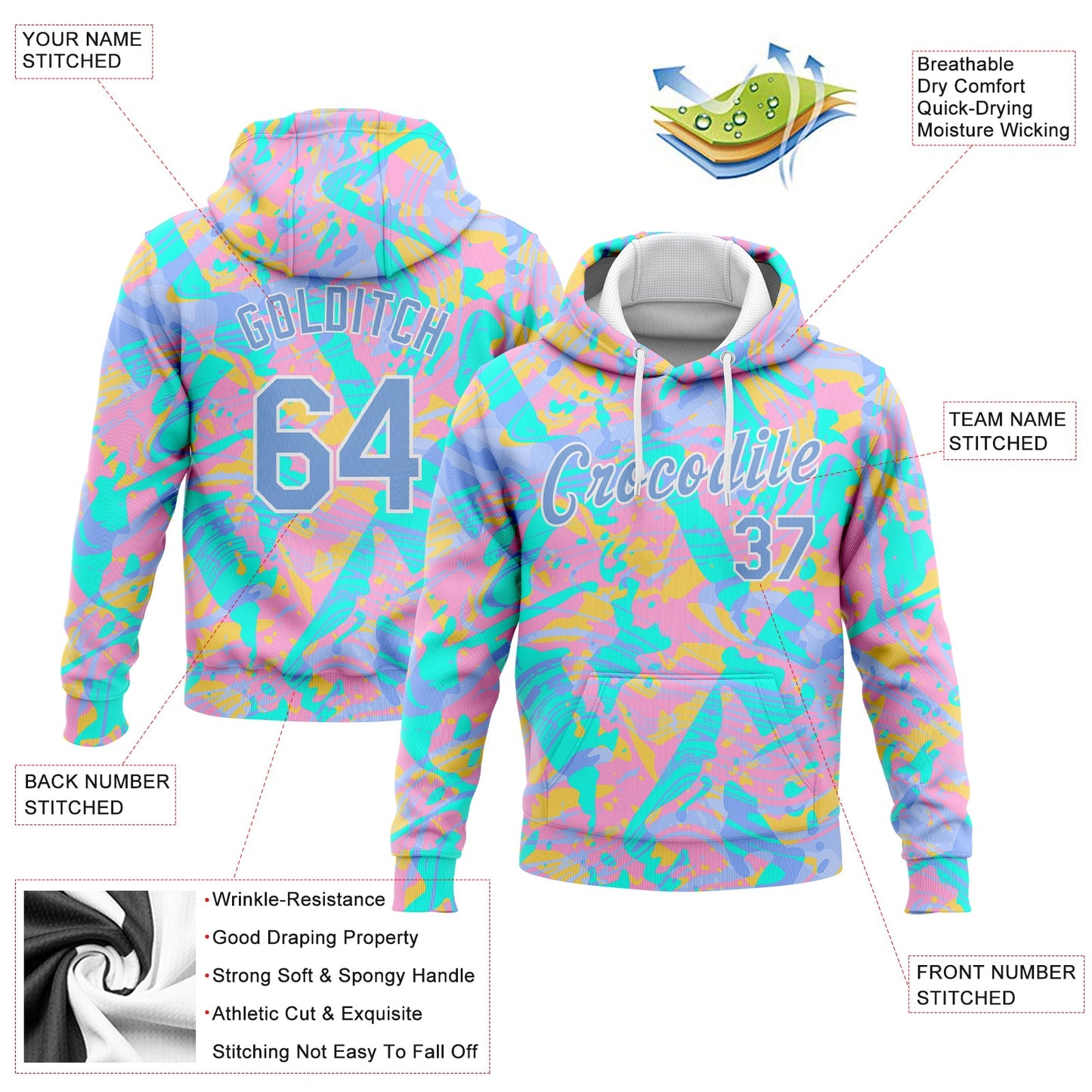 Custom Stitched Pink Light Blue-White 3D Pattern Design Gradient Abstract Sports Pullover Sweatshirt Hoodie view 2