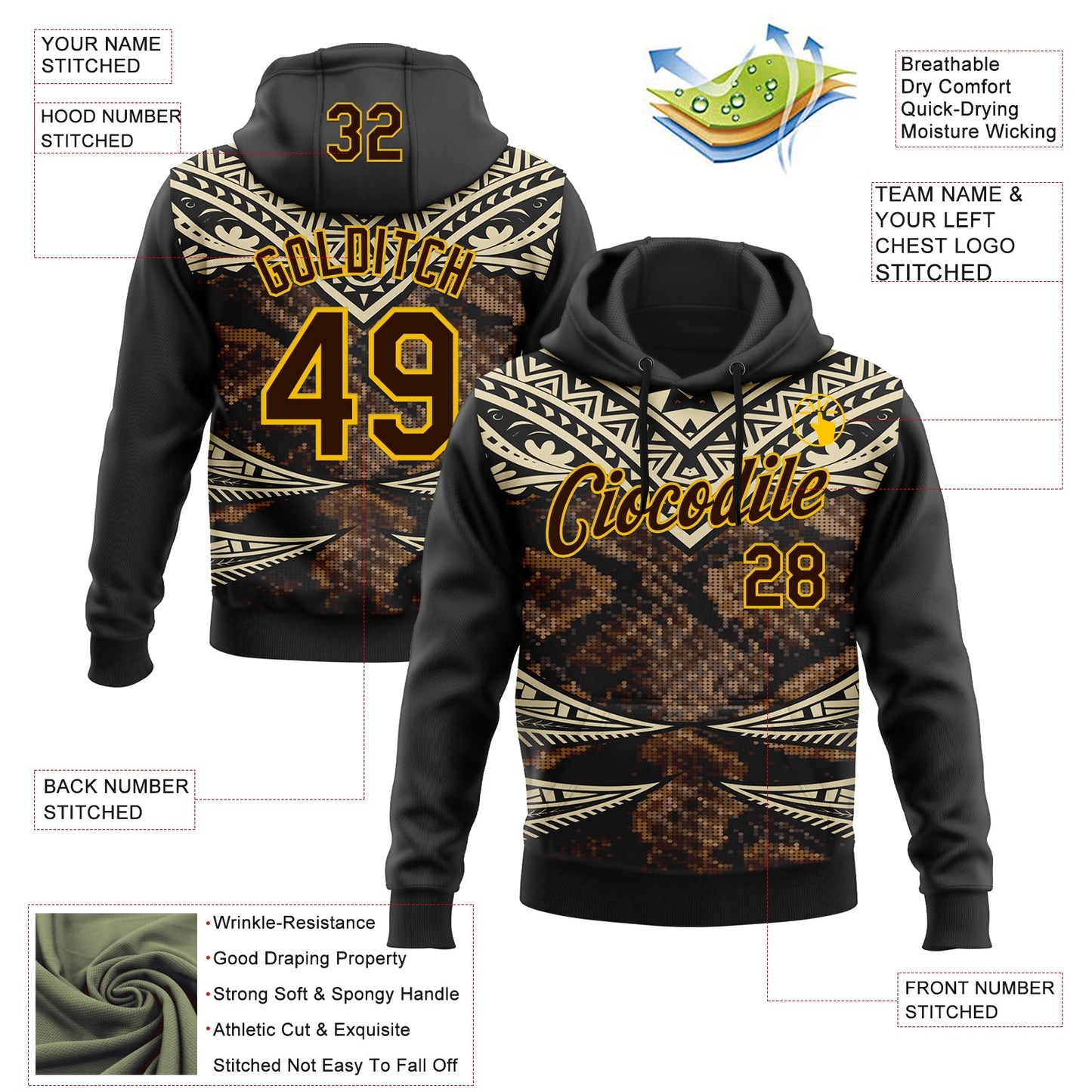 Custom Stitched Black Brown Cream-Yellow 3D Pattern Design Snake Skin Print Sportswear Pullover Sweatshirt Hoodie view 2