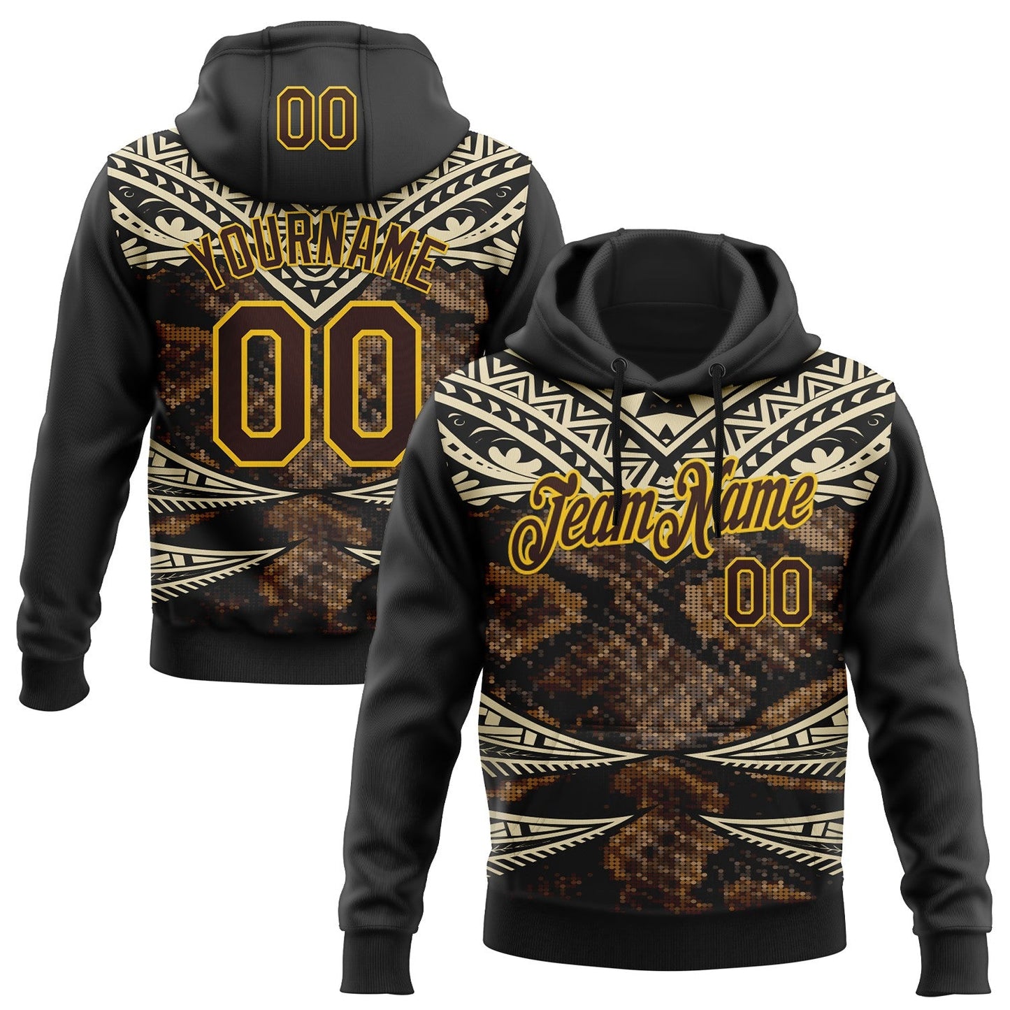 Custom Stitched Black Brown Cream-Yellow 3D Pattern Design Snake Skin Print Sportswear Pullover Sweatshirt Hoodie - Main View