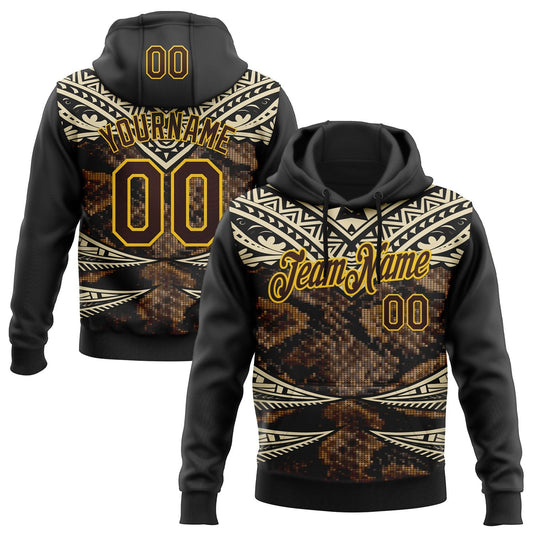 Custom Stitched Black Brown Cream-Yellow 3D Pattern Design Snake Skin Print Sportswear Pullover Sweatshirt Hoodie - Main View
