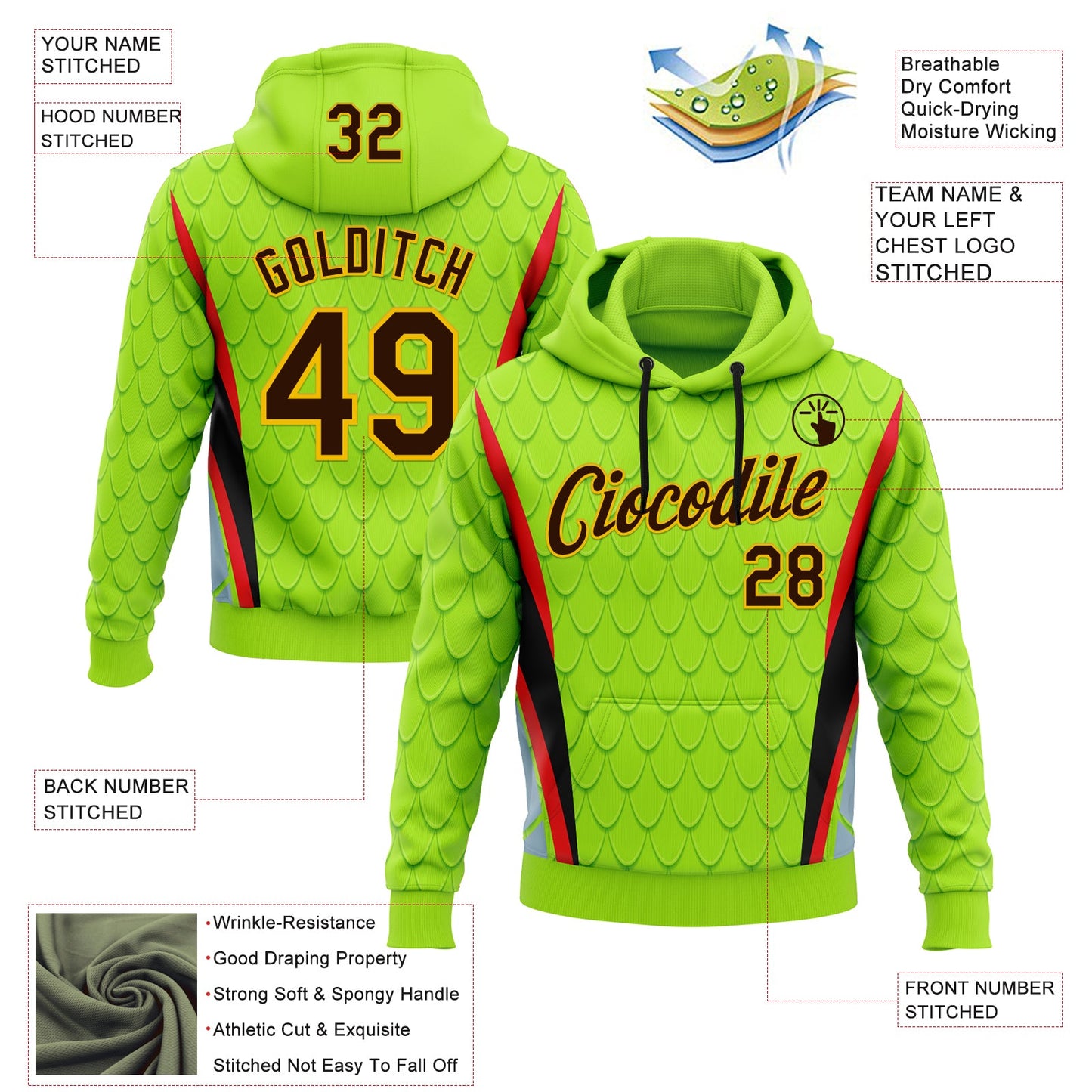 Custom Stitched Neon Green Brown Red Black-Yellow 3D Pattern Design Snake Skin Print Sportswear Pullover Sweatshirt Hoodie view 2