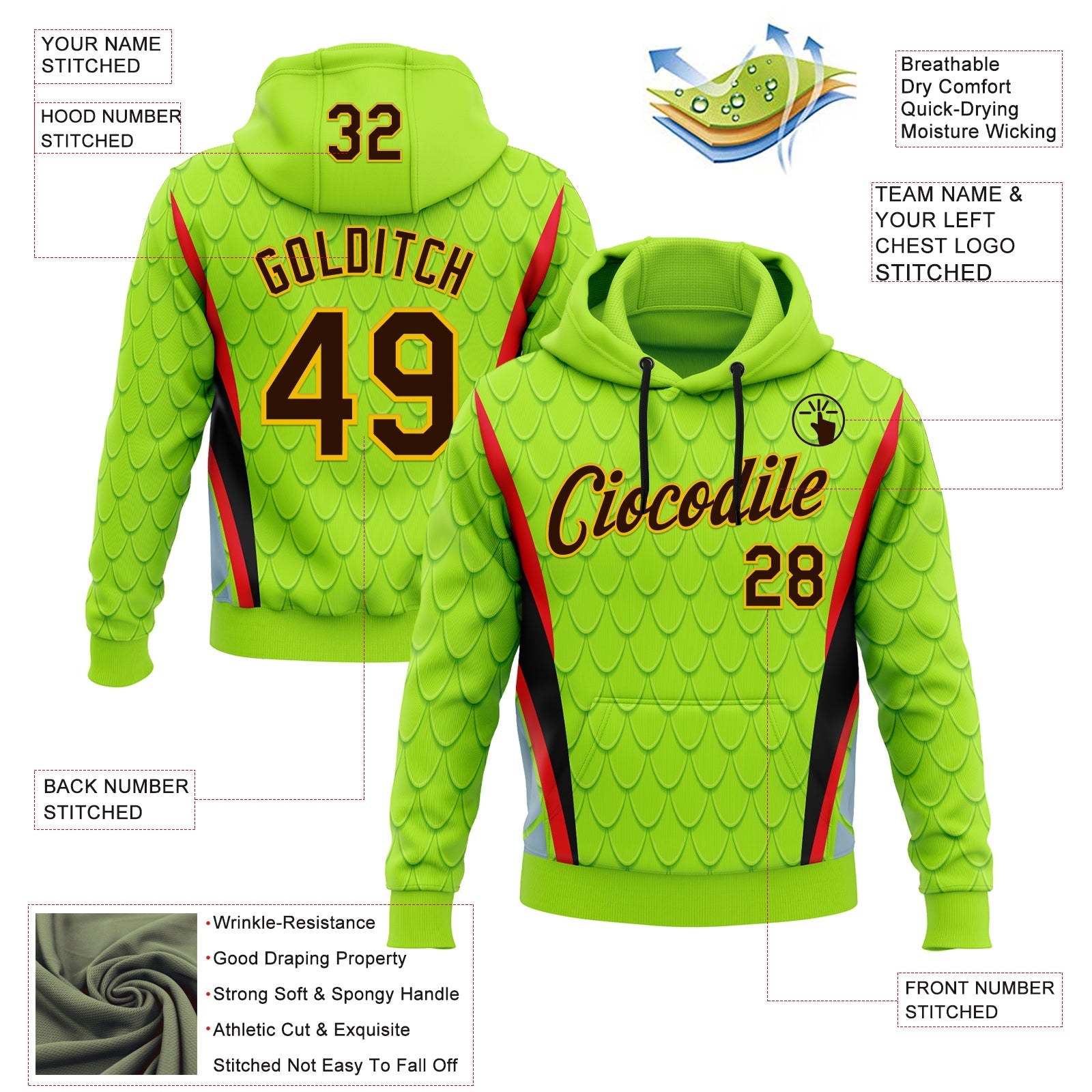 Custom Stitched Neon Green Brown Red Black-Yellow 3D Pattern Design Snake Skin Print Sportswear Pullover Sweatshirt Hoodie view 2
