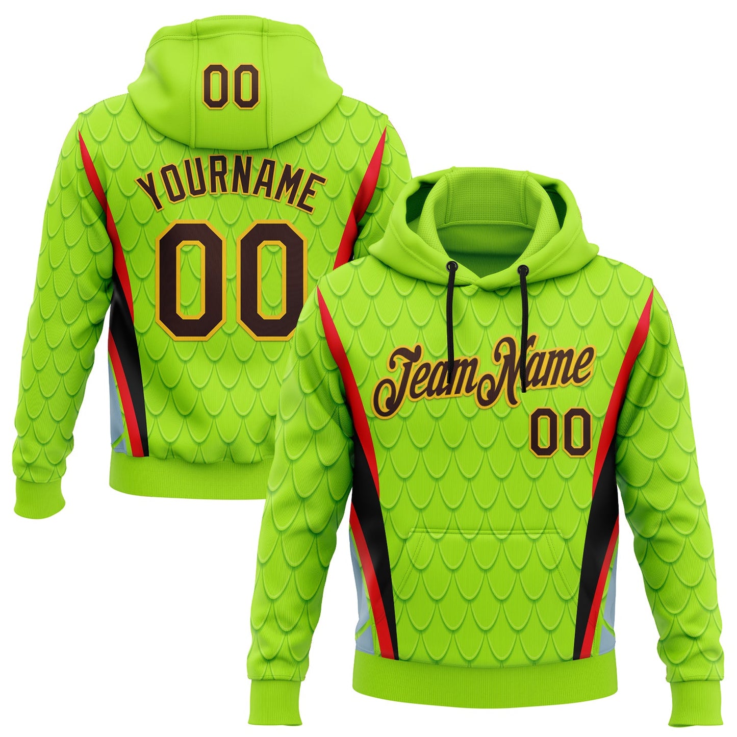 Custom Stitched Neon Green Brown Red Black-Yellow 3D Pattern Design Snake Skin Print Sportswear Pullover Sweatshirt Hoodie - Main View