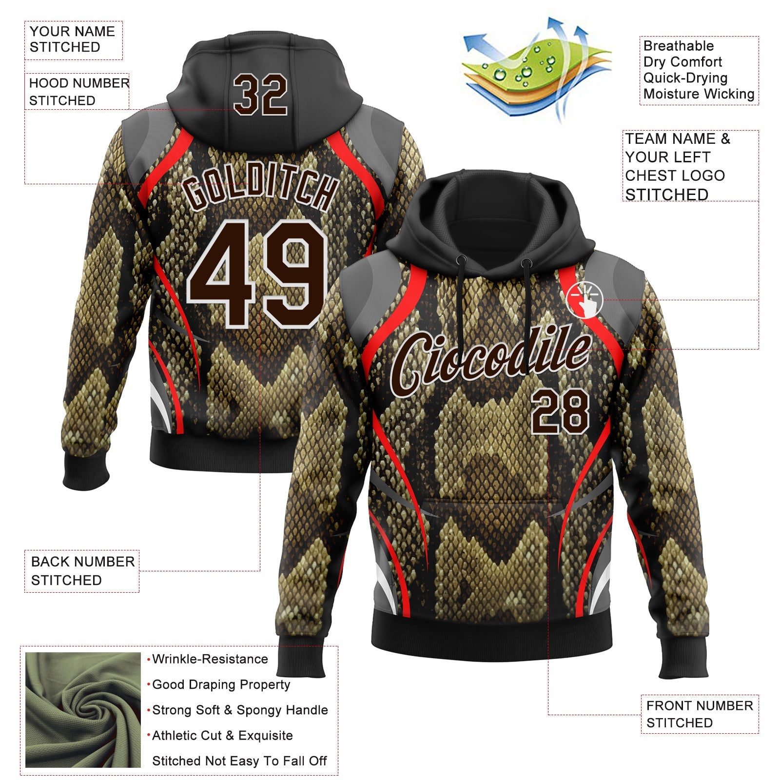 Custom Stitched Black Brown Red-White 3D Pattern Design Snake Skin Print Sportswear Pullover Sweatshirt Hoodie view 2