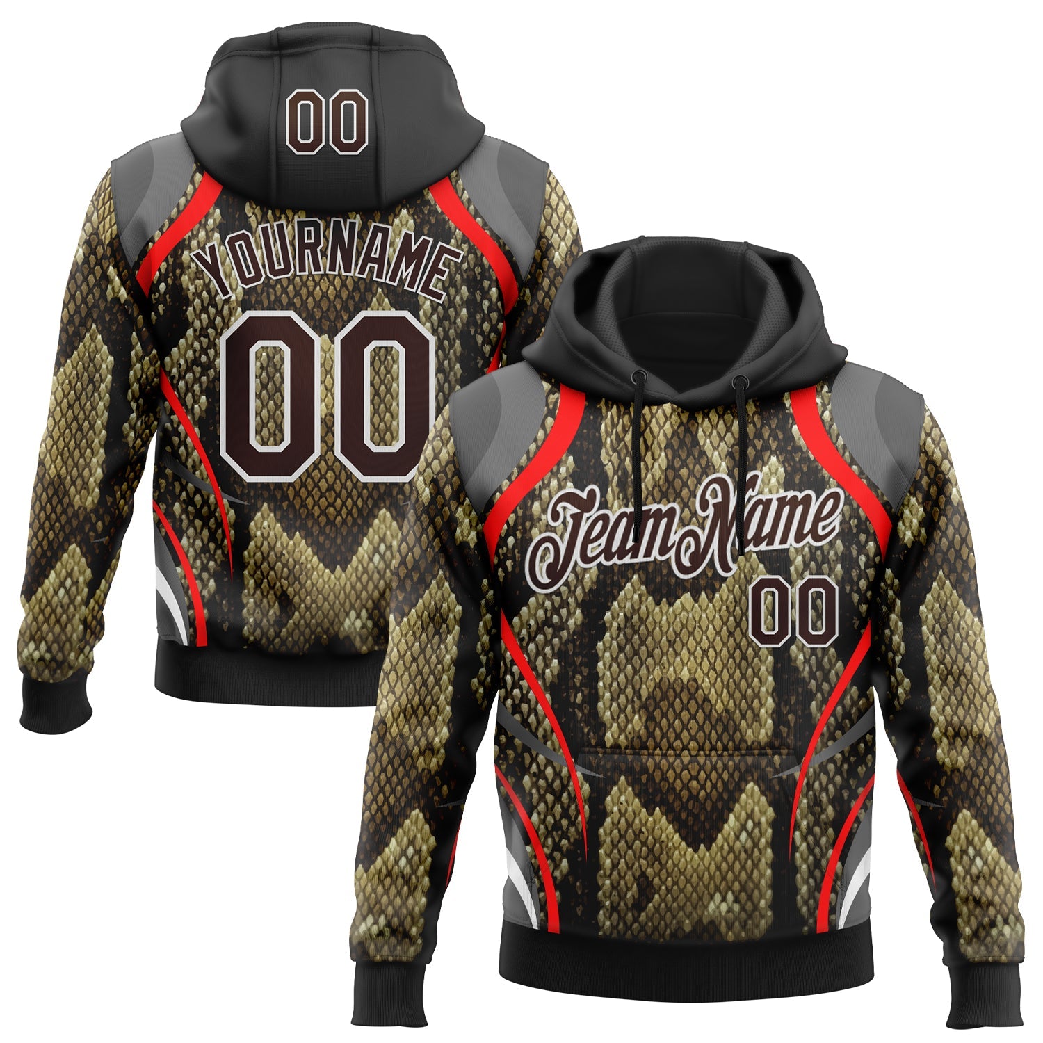 Custom Stitched Black Brown Red-White 3D Pattern Design Snake Skin Print Sportswear Pullover Sweatshirt Hoodie - Main View