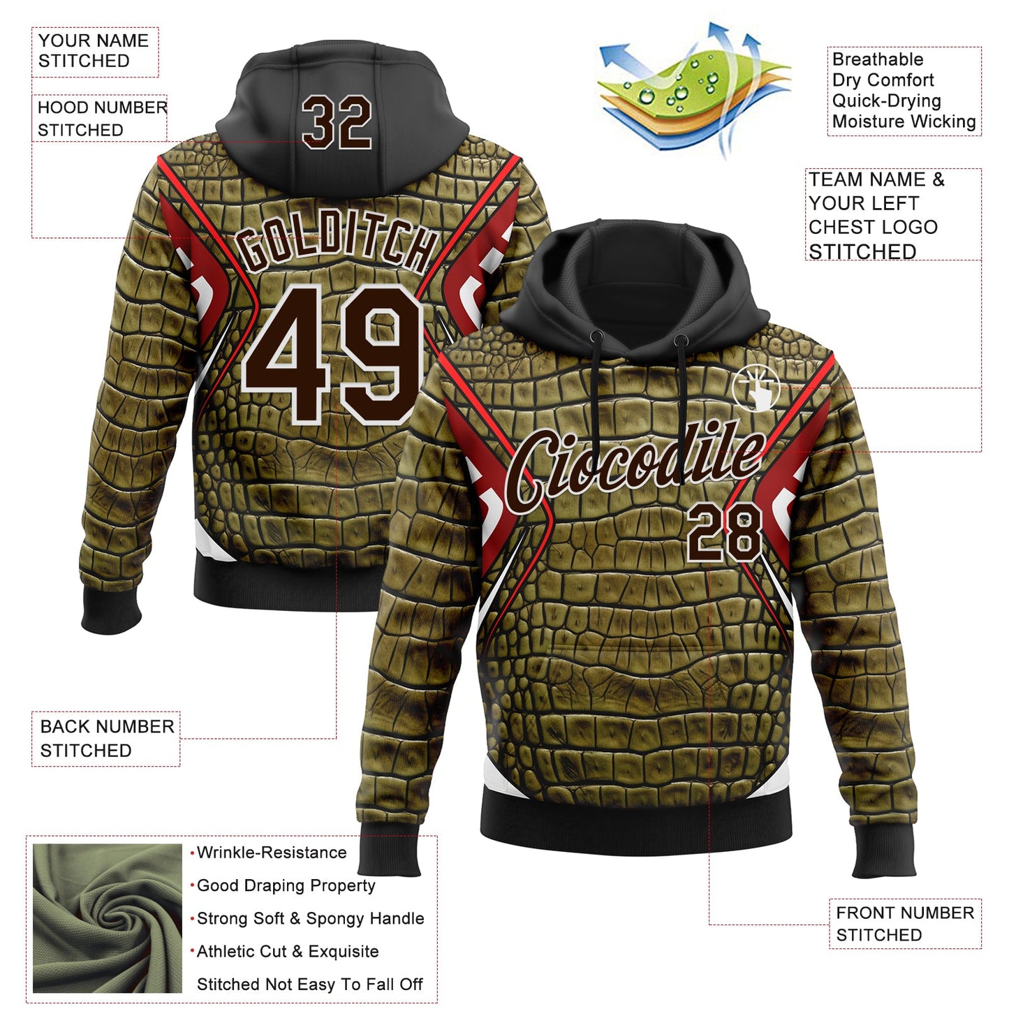 Custom Stitched Green Brown Black Red-White 3D Pattern Design Crocodile Skin Print Sportswear Pullover Sweatshirt Hoodie view 2