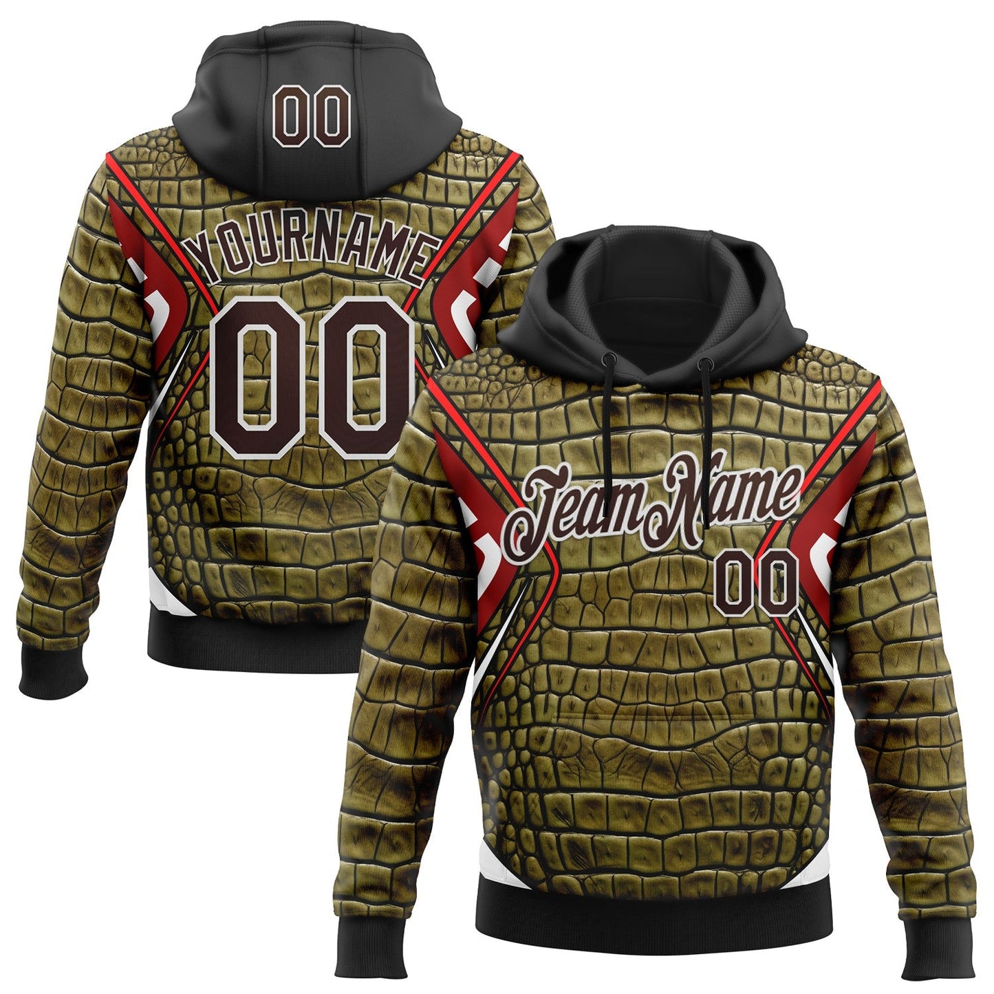 Custom Stitched Green Brown Black Red-White 3D Pattern Design Crocodile Skin Print Sportswear Pullover Sweatshirt Hoodie - Main View