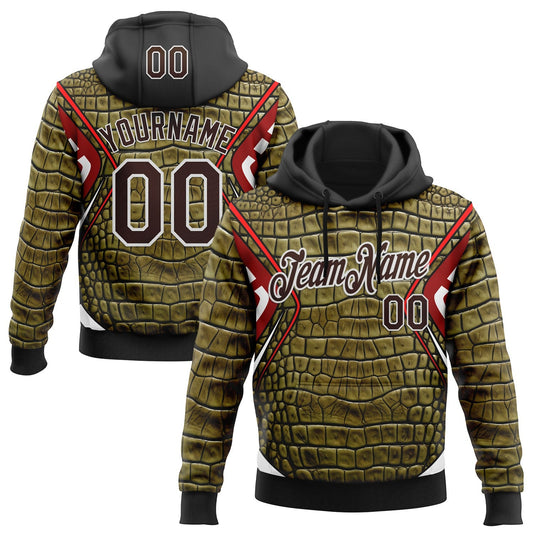 Custom Stitched Green Brown Black Red-White 3D Pattern Design Crocodile Skin Print Sportswear Pullover Sweatshirt Hoodie - Main View