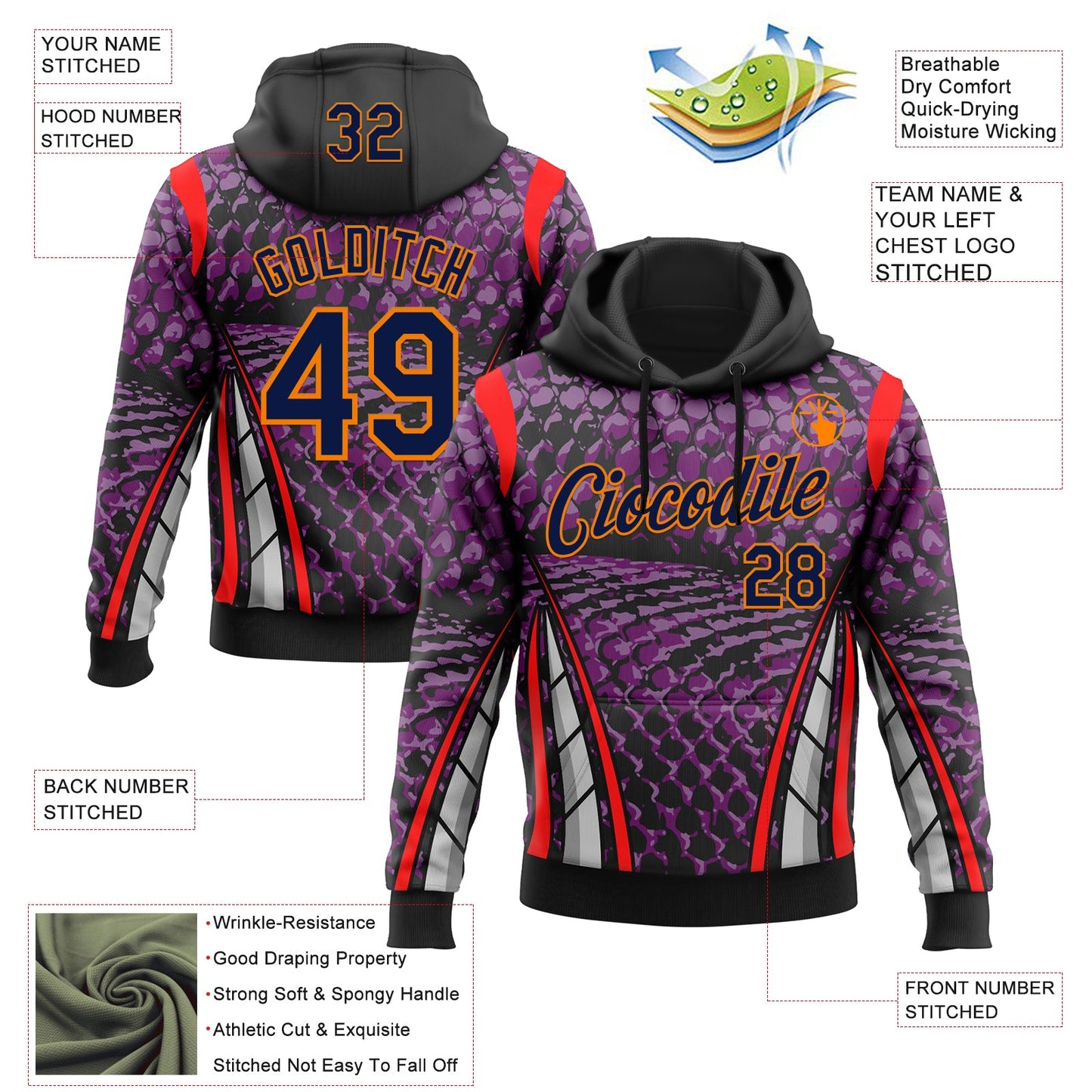Custom Stitched Purple Navy Black Red Bay Orange-White 3D Pattern Design Snake Skin Print Sportswear Pullover Sweatshirt Hoodie view 2