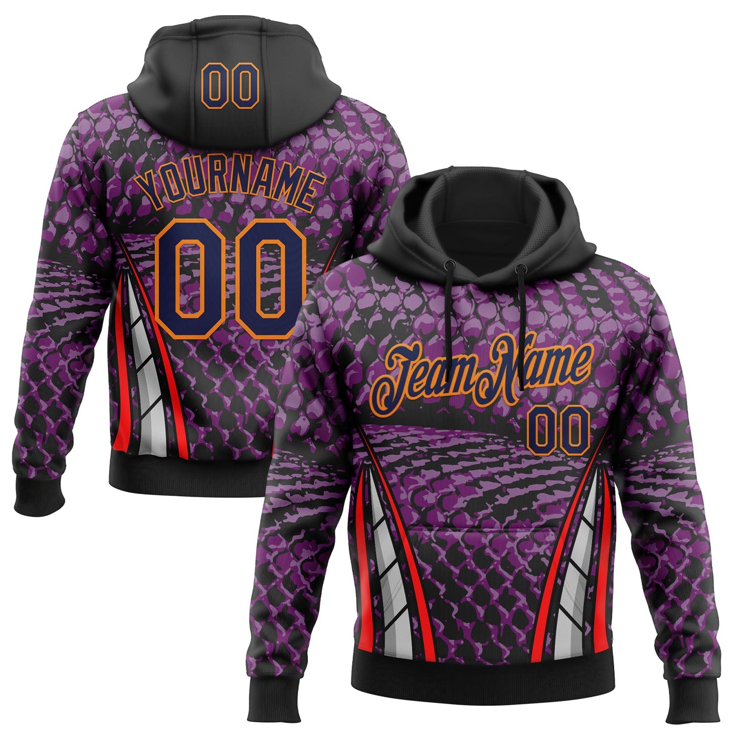 Custom Stitched Purple Navy Black Red Bay Orange-White 3D Pattern Design Snake Skin Print Sportswear Pullover Sweatshirt Hoodie - Main View