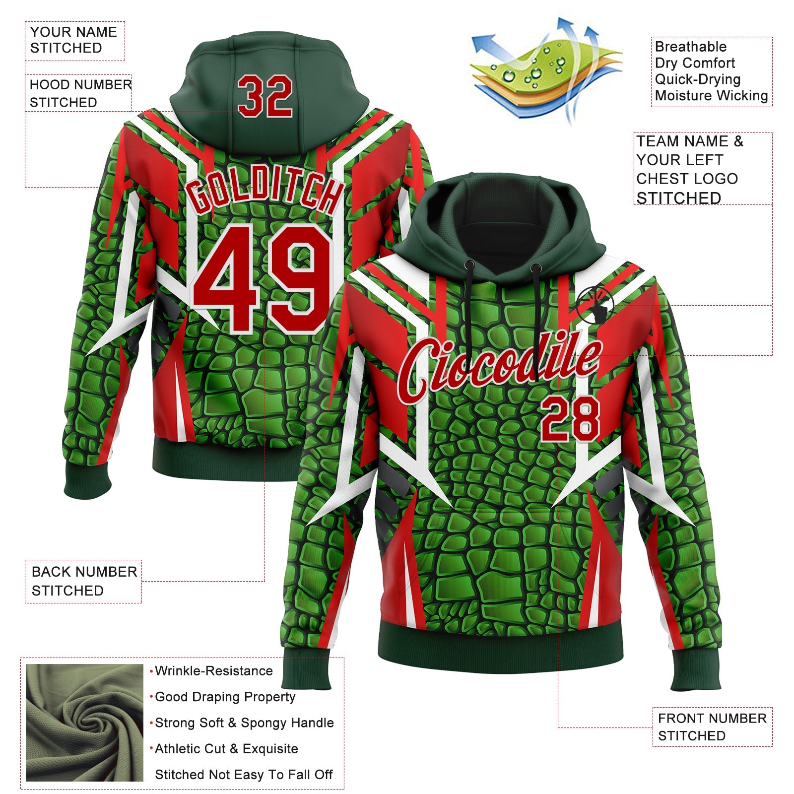 Custom Stitched Green Red-White 3D Pattern Design Crocodile Skin Print Sportswear Pullover Sweatshirt Hoodie view 2