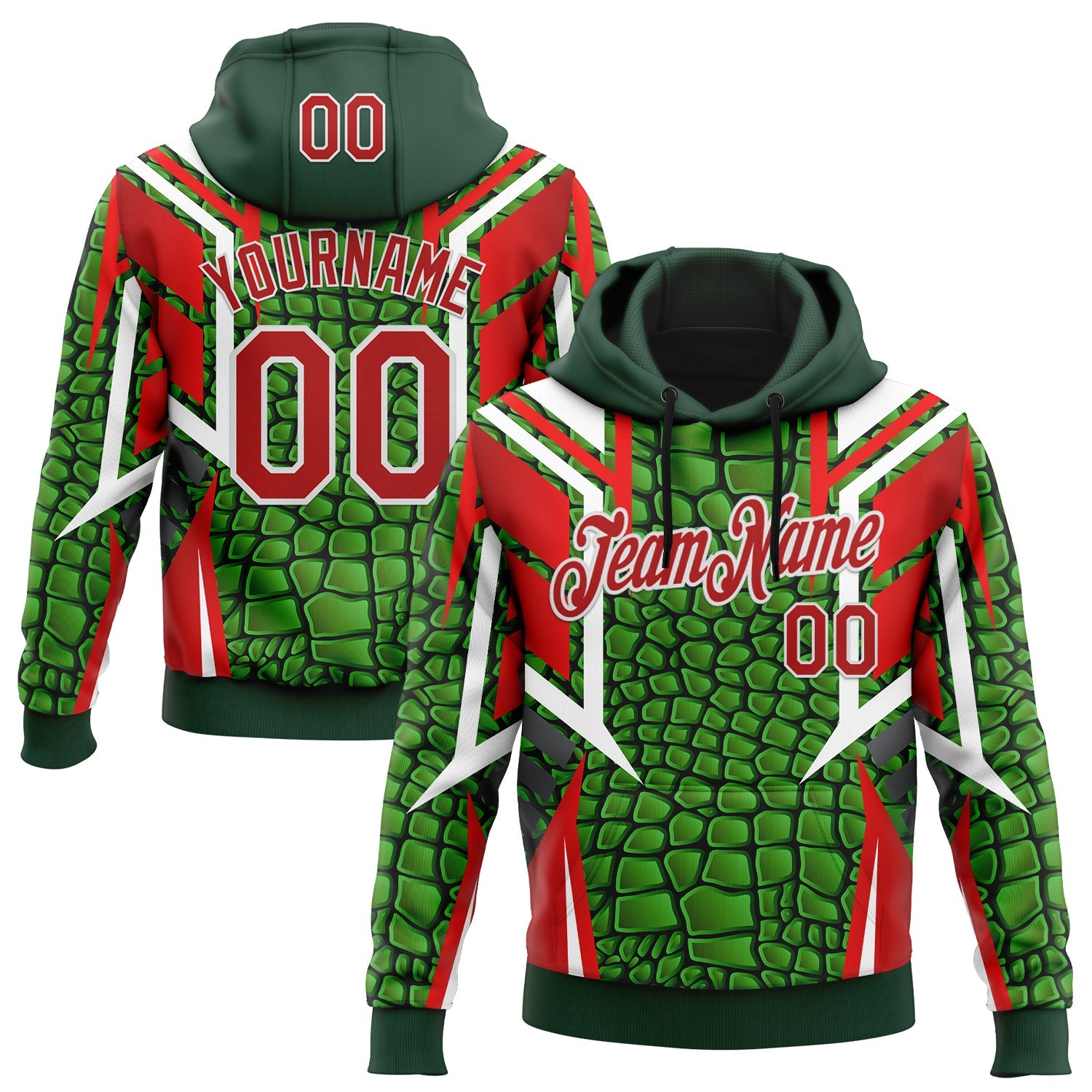 Custom Stitched Green Red-White 3D Pattern Design Crocodile Skin Print Sportswear Pullover Sweatshirt Hoodie - Main View
