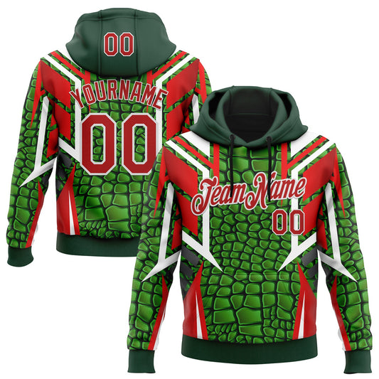 Custom Stitched Green Red-White 3D Pattern Design Crocodile Skin Print Sportswear Pullover Sweatshirt Hoodie - Main View