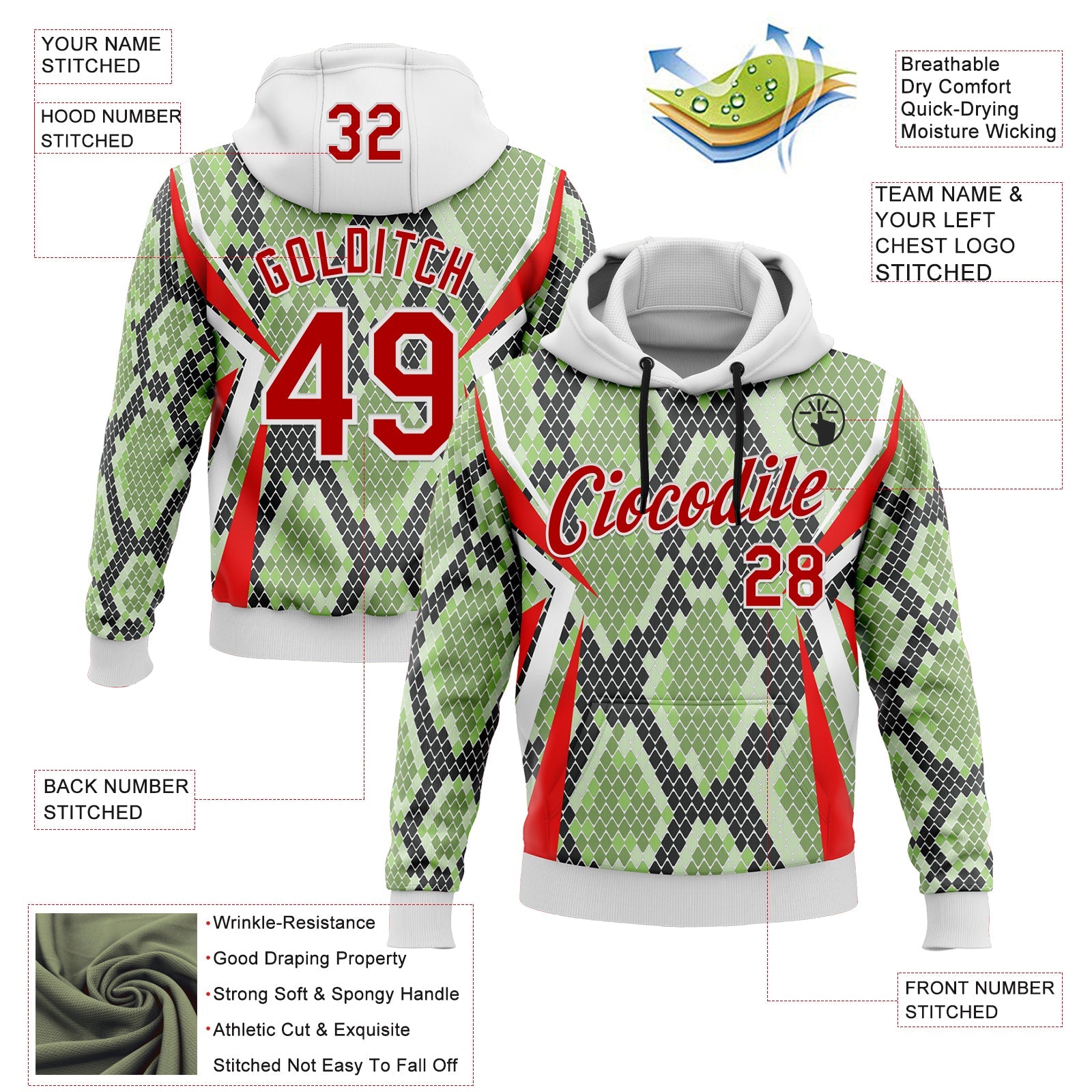 Custom Stitched Green Red Black-White 3D Pattern Design Snake Skin Print Sportswear Pullover Sweatshirt Hoodie view 2
