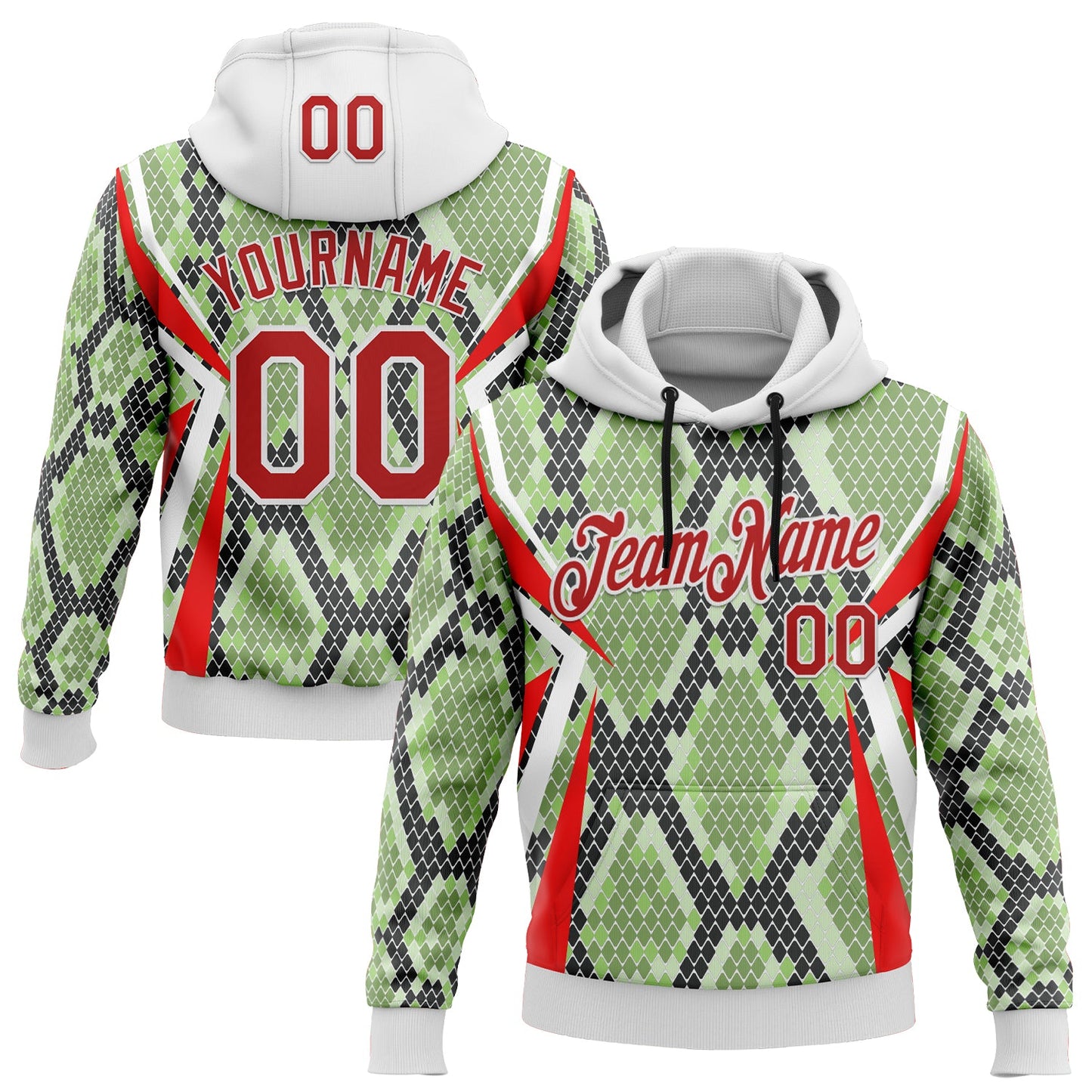 Custom Stitched Green Red Black-White 3D Pattern Design Snake Skin Print Sportswear Pullover Sweatshirt Hoodie - Main View