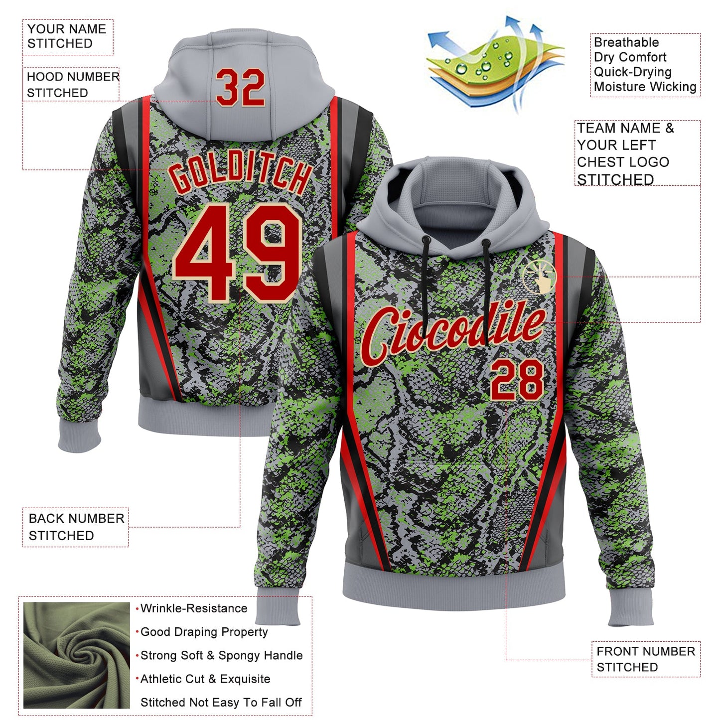 Custom Stitched Gray Red Green Black-Cream 3D Pattern Design Snake Skin Print Sportswear Pullover Sweatshirt Hoodie view 2