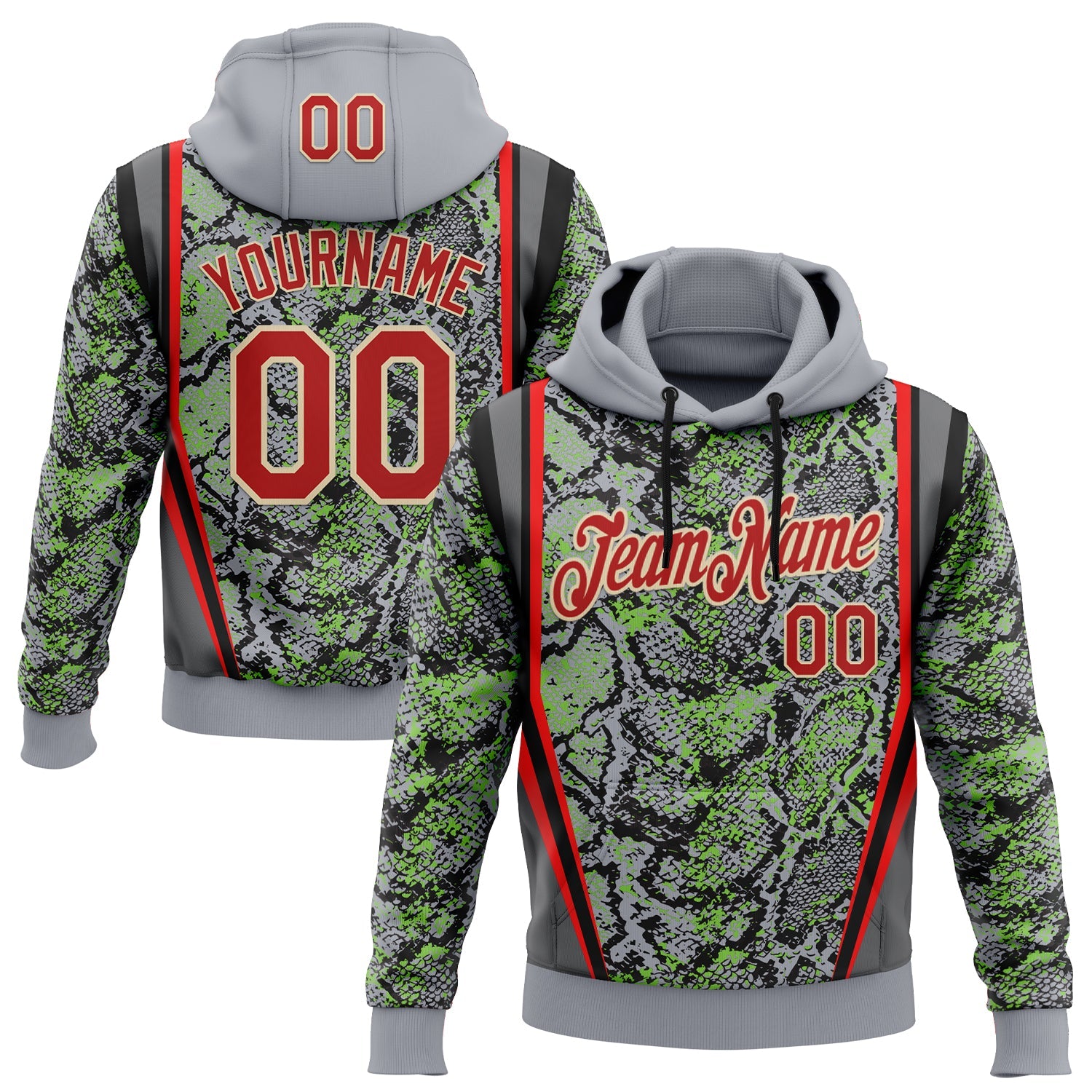 Custom Stitched Gray Red Green Black-Cream 3D Pattern Design Snake Skin Print Sportswear Pullover Sweatshirt Hoodie - Main View