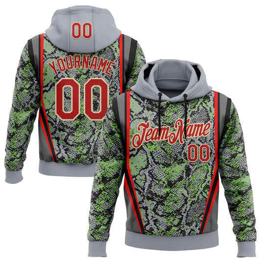 Custom Stitched Gray Red Green Black-Cream 3D Pattern Design Snake Skin Print Sportswear Pullover Sweatshirt Hoodie - Main View