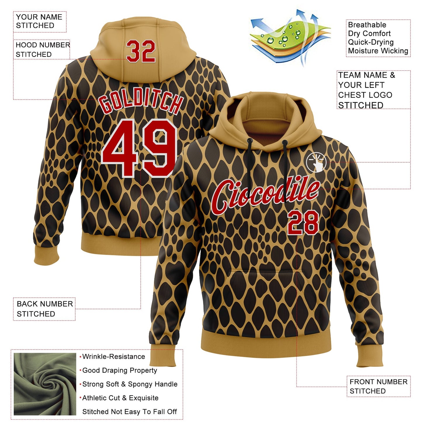 Custom Stitched Old Gold Red Brown-White 3D Pattern Design Snake Skin Print Sportswear Pullover Sweatshirt Hoodie view 2