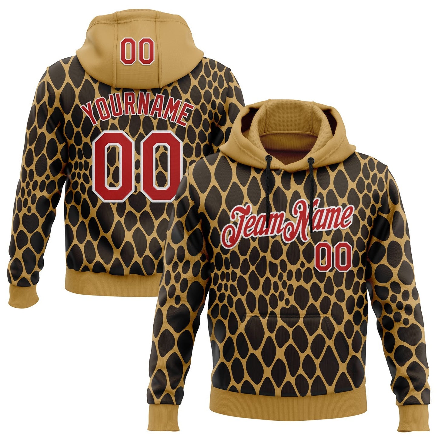 Custom Stitched Old Gold Red Brown-White 3D Pattern Design Snake Skin Print Sportswear Pullover Sweatshirt Hoodie - Main View