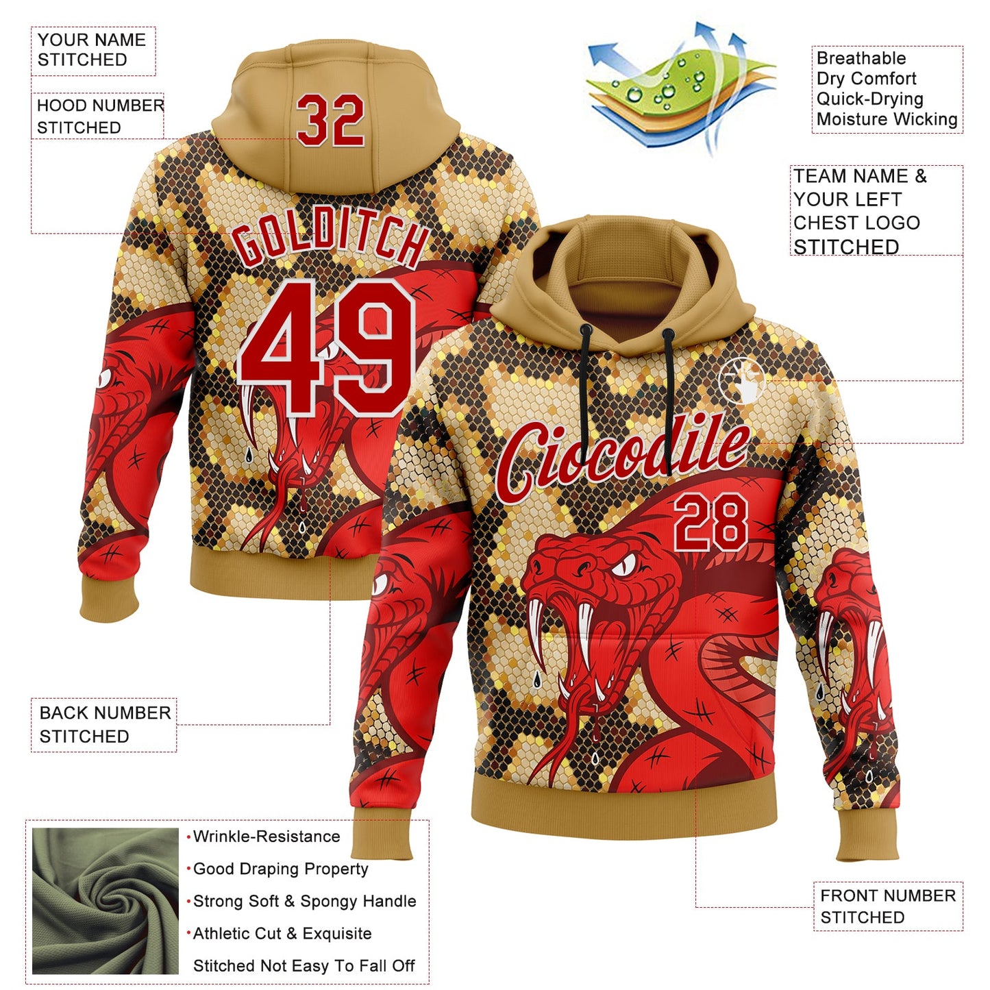 Custom Stitched Old Gold Red Black-White 3D Pattern Design Snake Skin Print Sportswear Pullover Sweatshirt Hoodie view 2
