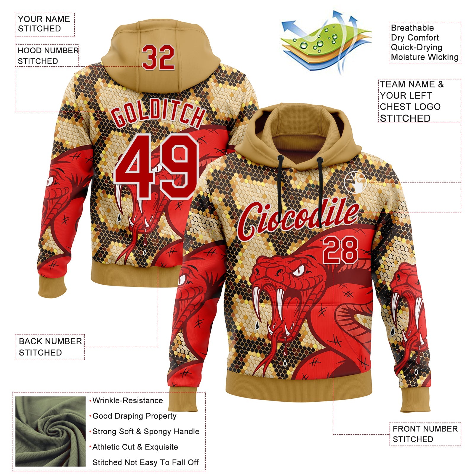 Custom Stitched Old Gold Red Black-White 3D Pattern Design Snake Skin Print Sportswear Pullover Sweatshirt Hoodie view 2