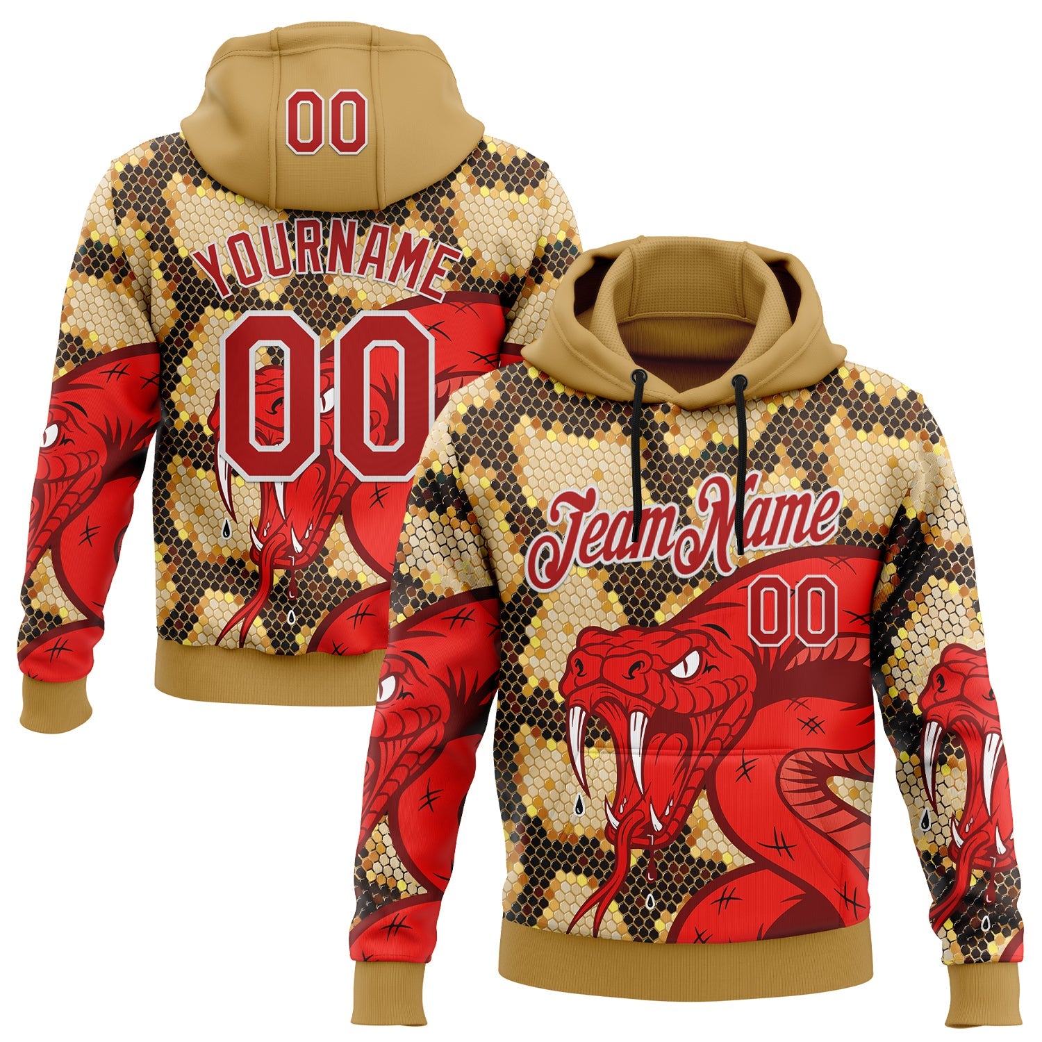 Custom Stitched Old Gold Red Black-White 3D Pattern Design Snake Skin Print Sportswear Pullover Sweatshirt Hoodie - Main View