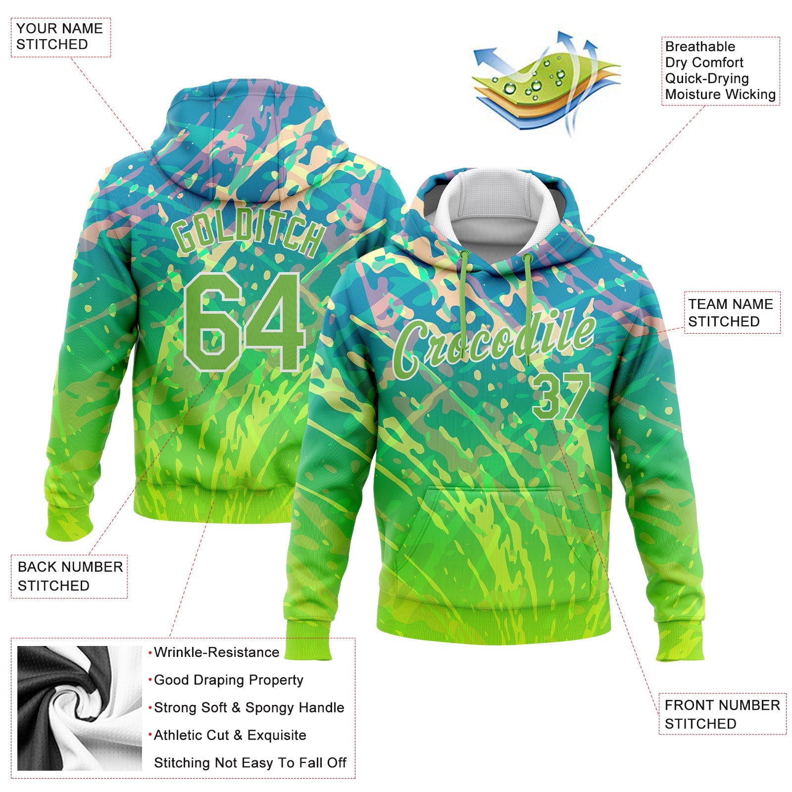 Custom Stitched Neon Green Neon Green-White 3D Pattern Design Gradient Abstract Curve Line Sports Pullover Sweatshirt Hoodie view 2