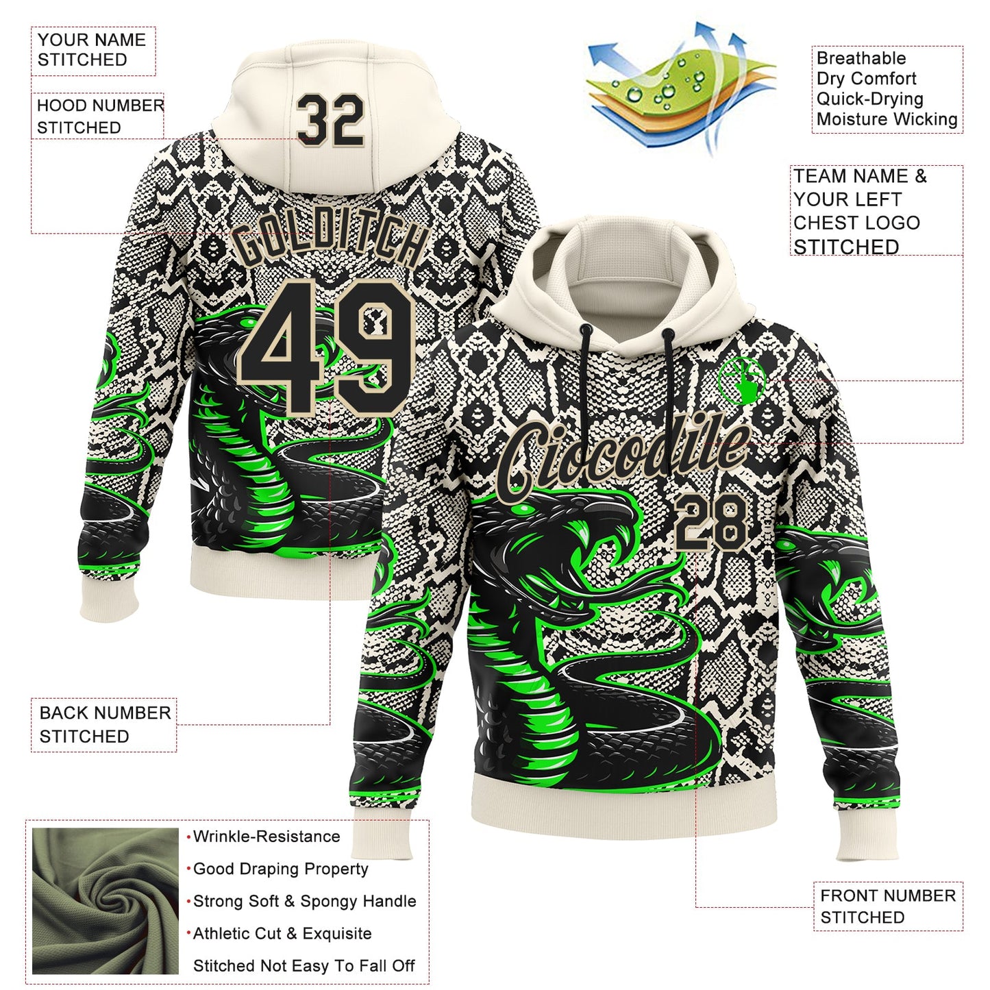 Custom Stitched Cream Black-Green 3D Pattern Design Snake Skin Print Sportswear Pullover Sweatshirt Hoodie view 2