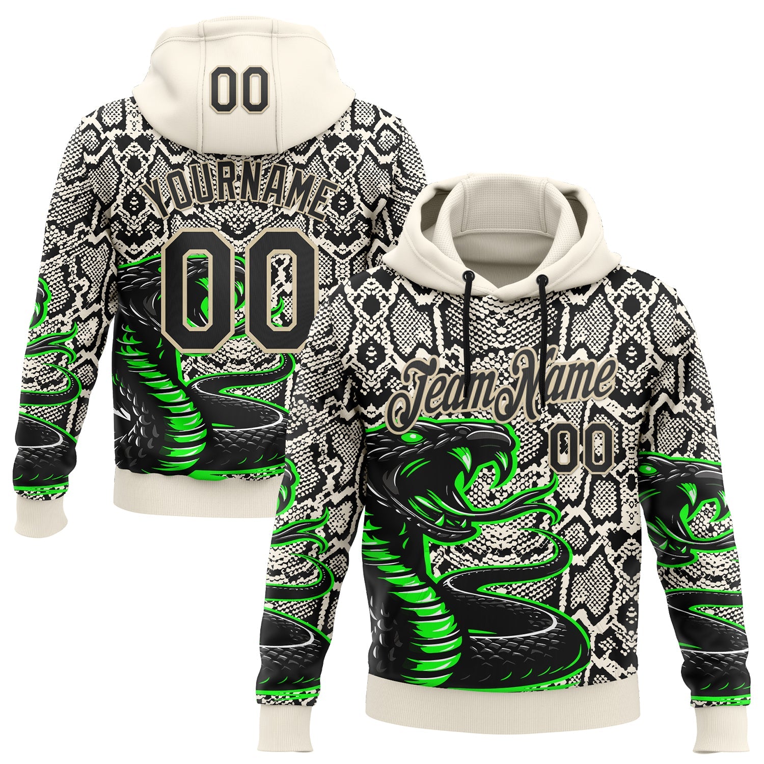 Custom Stitched Cream Black-Green 3D Pattern Design Snake Skin Print Sportswear Pullover Sweatshirt Hoodie - Main View