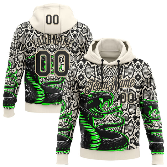 Custom Stitched Cream Black-Green 3D Pattern Design Snake Skin Print Sportswear Pullover Sweatshirt Hoodie - Main View