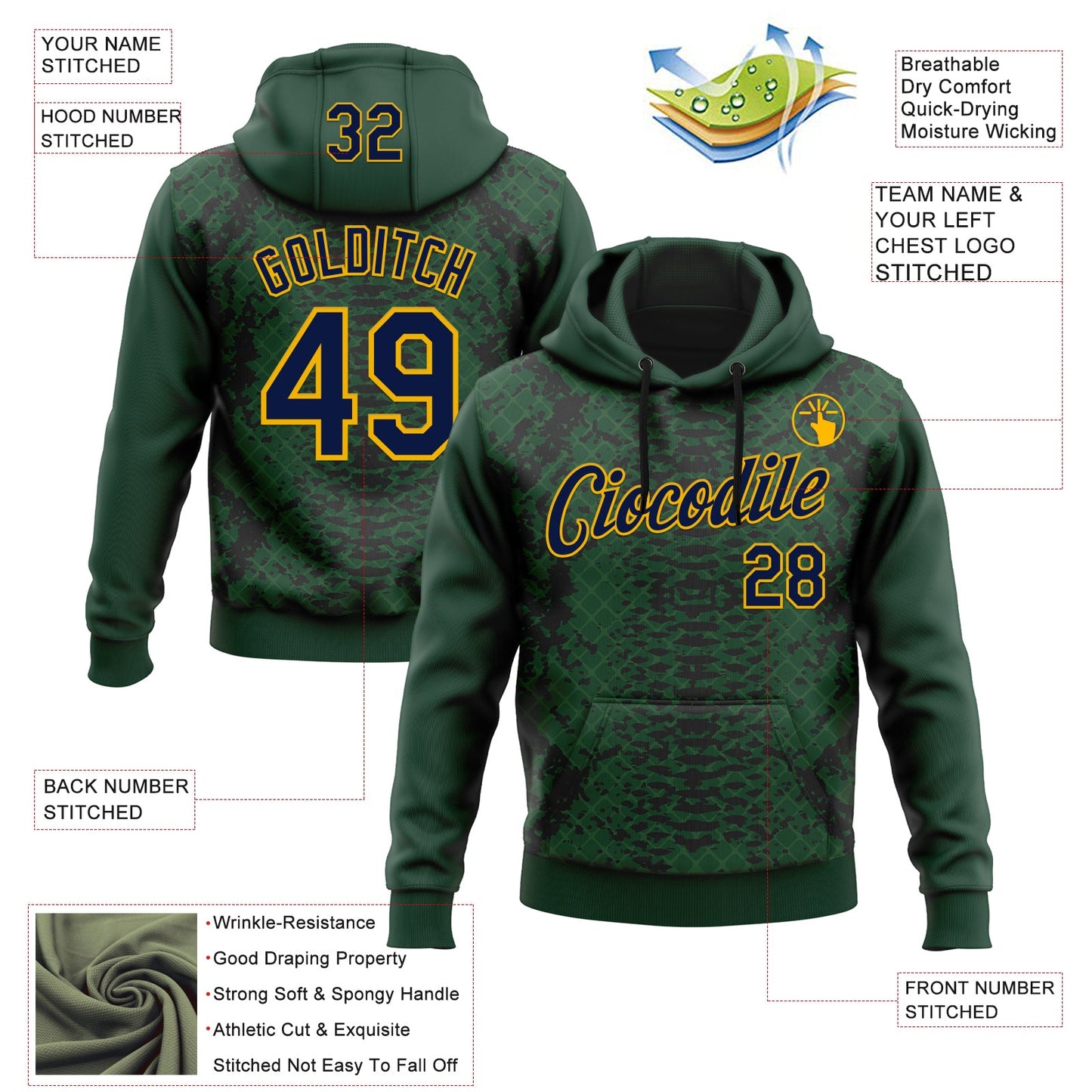 Custom Stitched Green Navy Black-Gold 3D Pattern Design Snake Skin Print Sportswear Pullover Sweatshirt Hoodie view 2