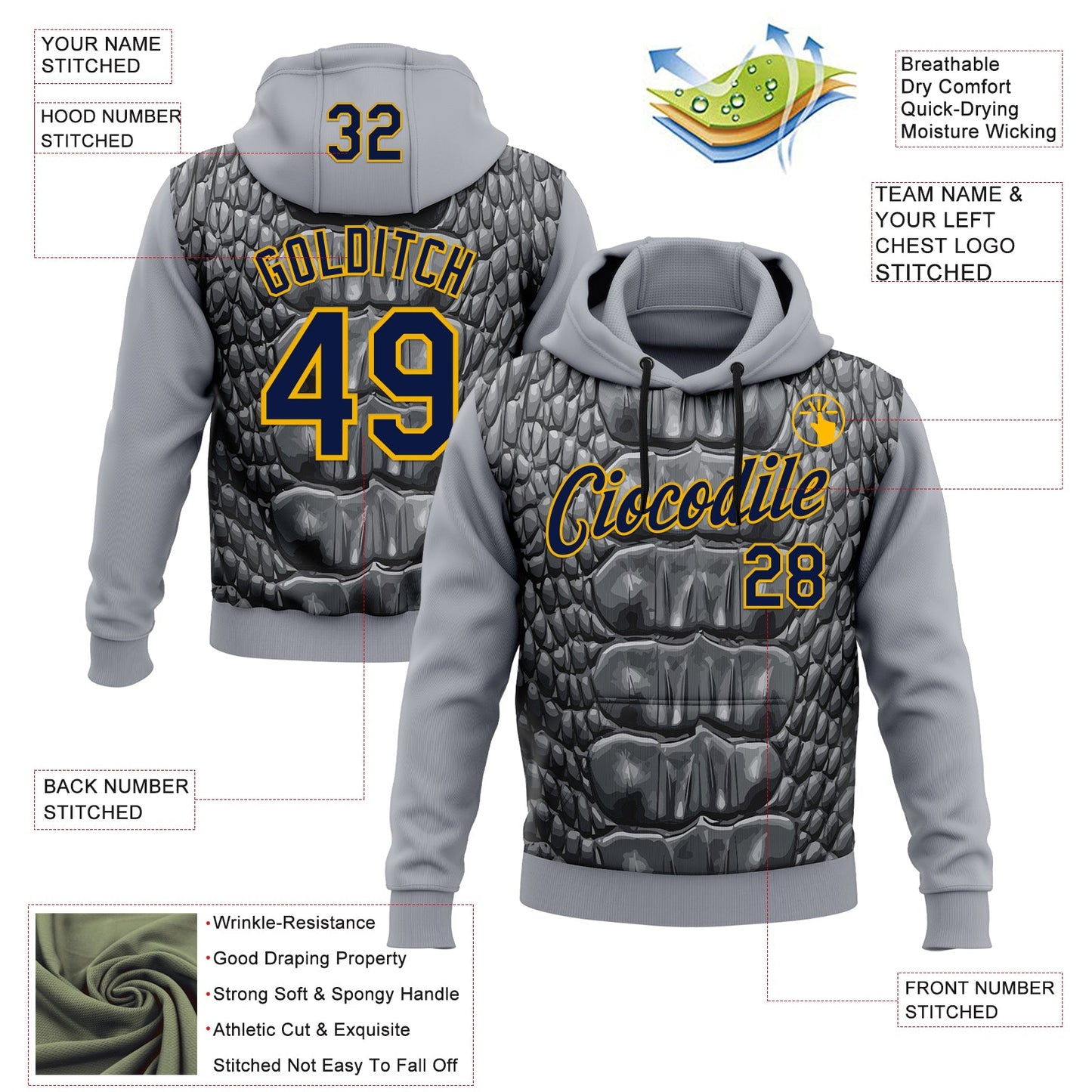 Custom Stitched Gray Navy Black-Gold 3D Pattern Design Snake Skin Print Sportswear Pullover Sweatshirt Hoodie view 2