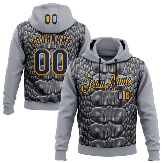 Custom Stitched Gray Navy Black-Gold 3D Pattern Design Snake Skin Print Sportswear Pullover Sweatshirt Hoodie - Main View