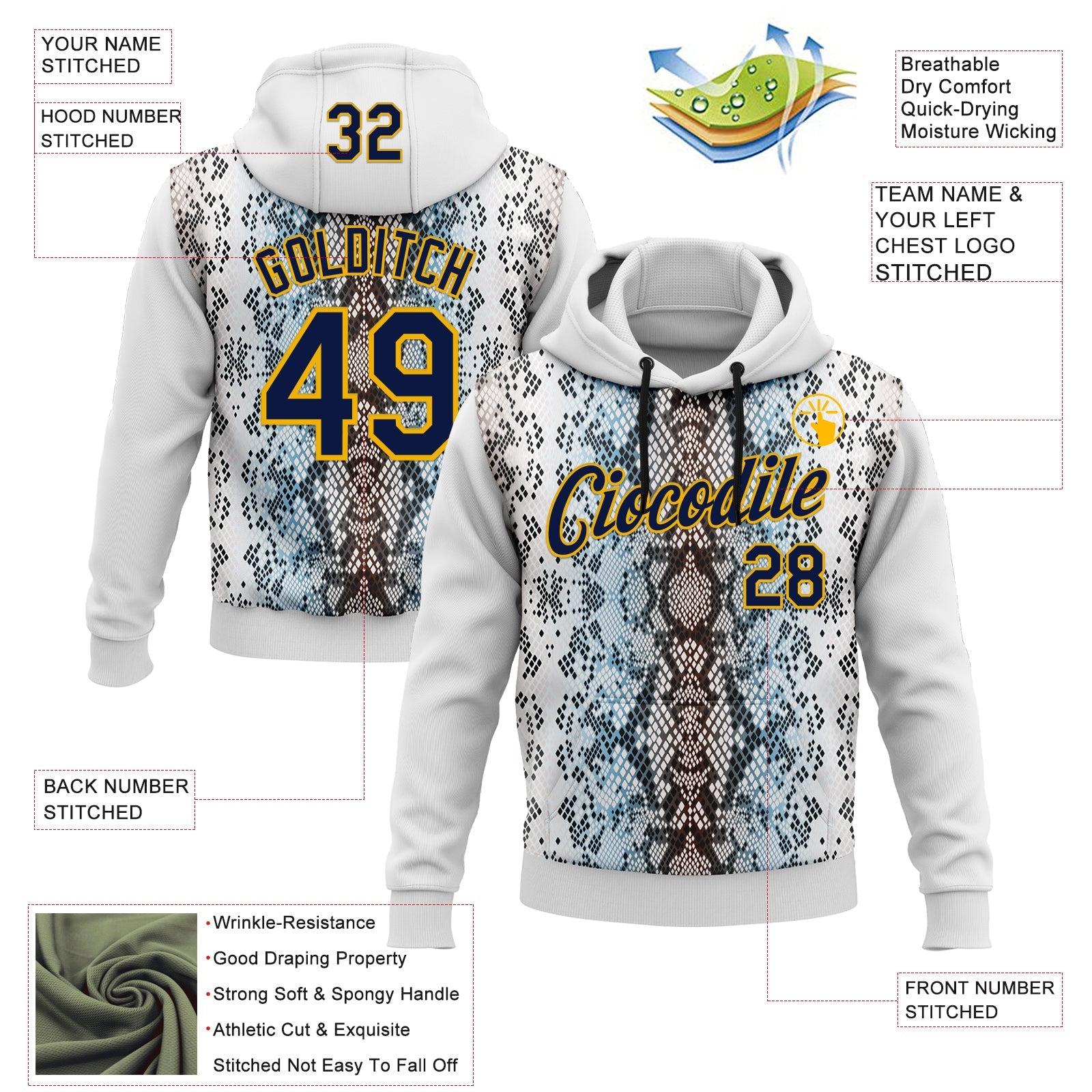 Custom Stitched White Navy Black Blue-Gold 3D Pattern Design Snake Skin Print Sportswear Pullover Sweatshirt Hoodie view 2