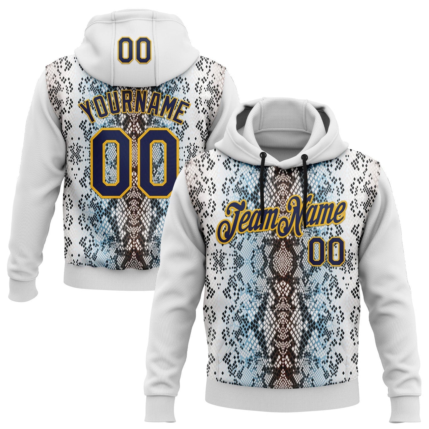 Custom Stitched White Navy Black Blue-Gold 3D Pattern Design Snake Skin Print Sportswear Pullover Sweatshirt Hoodie - Main View