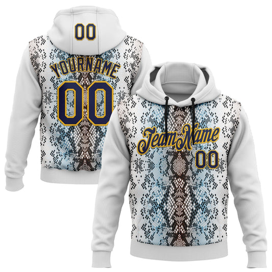 Custom Stitched White Navy Black Blue-Gold 3D Pattern Design Snake Skin Print Sportswear Pullover Sweatshirt Hoodie - Main View