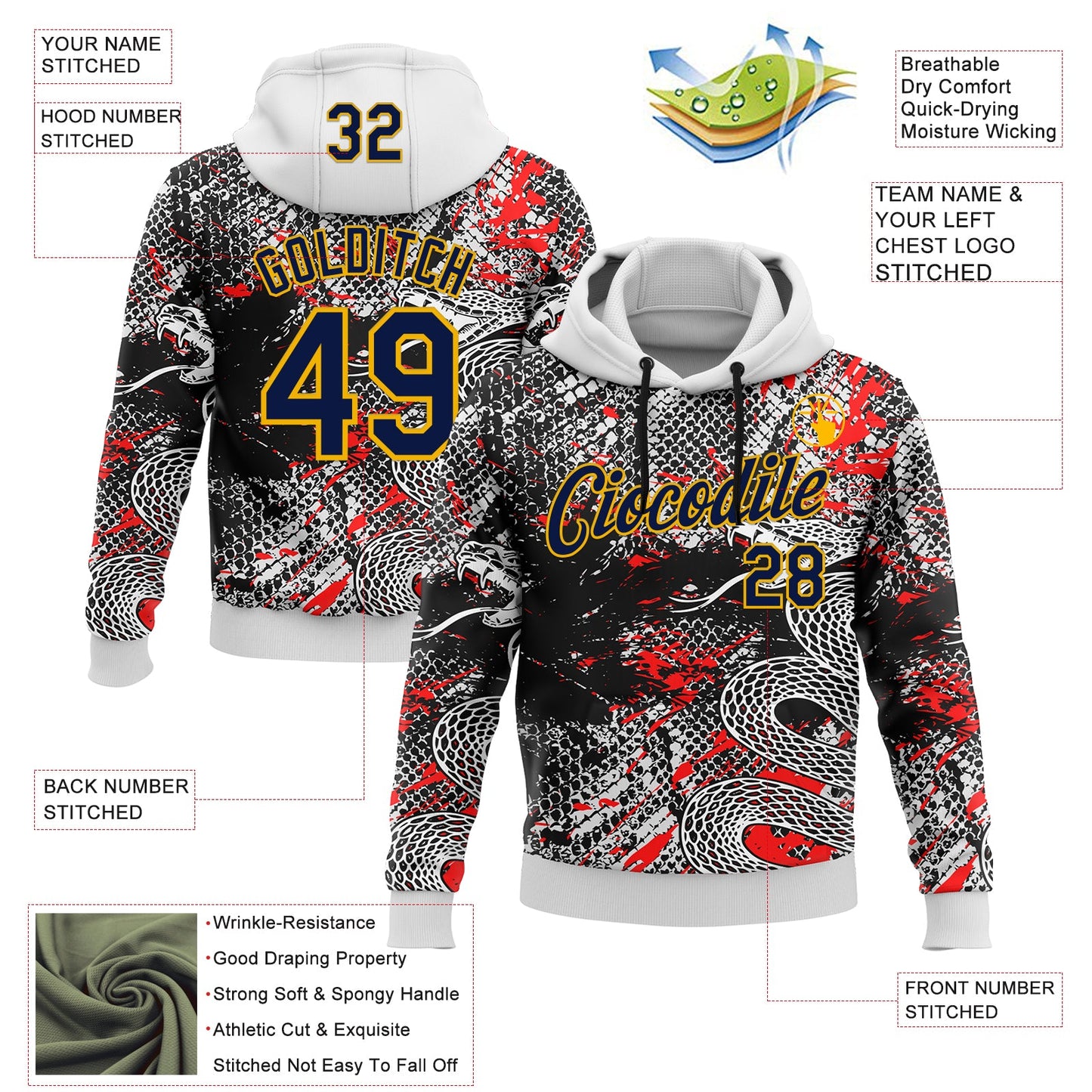 Custom Stitched White Navy Black Red-Gold 3D Pattern Design Snake Skin Print Sportswear Pullover Sweatshirt Hoodie view 2