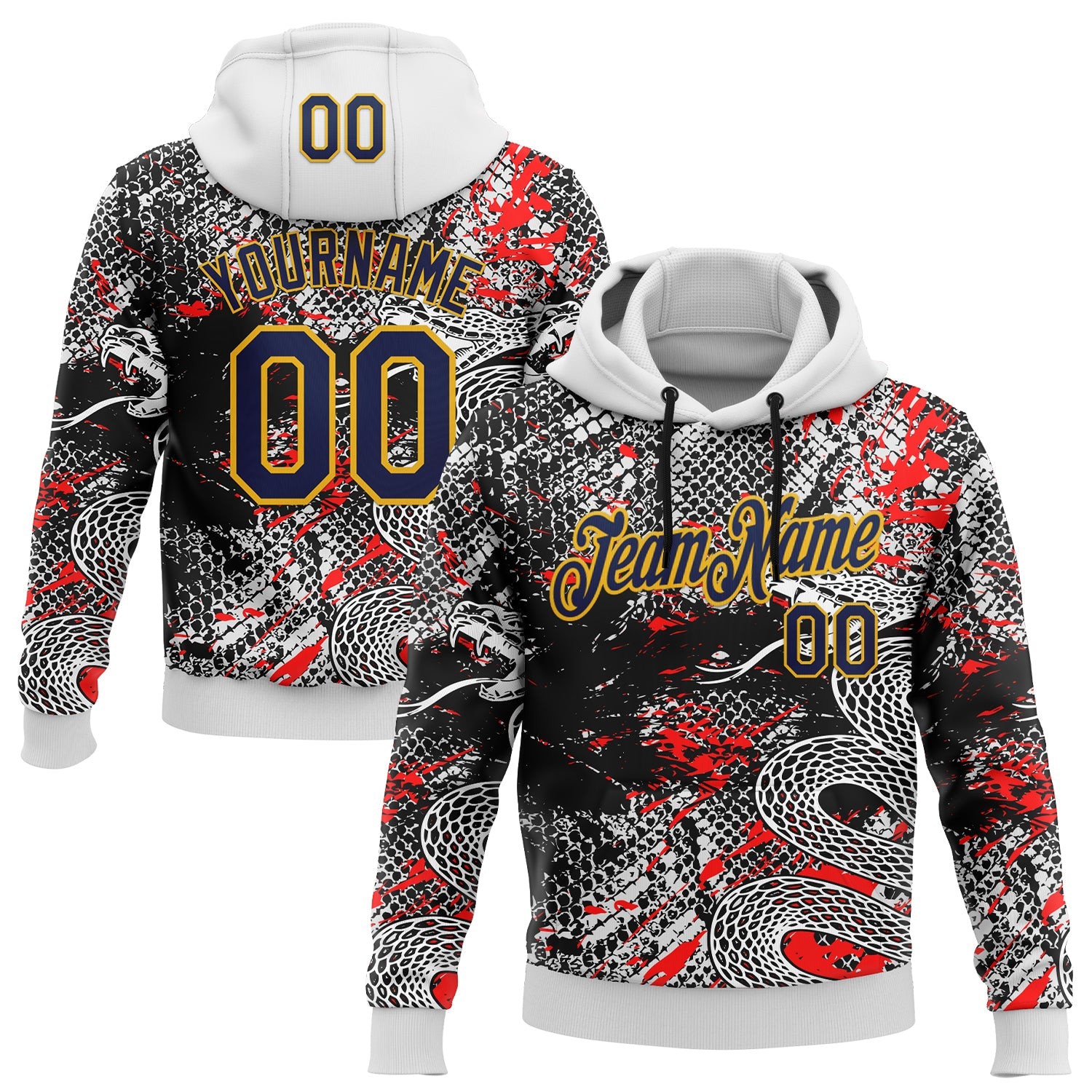 Custom Stitched White Navy Black Red-Gold 3D Pattern Design Snake Skin Print Sportswear Pullover Sweatshirt Hoodie - Main View