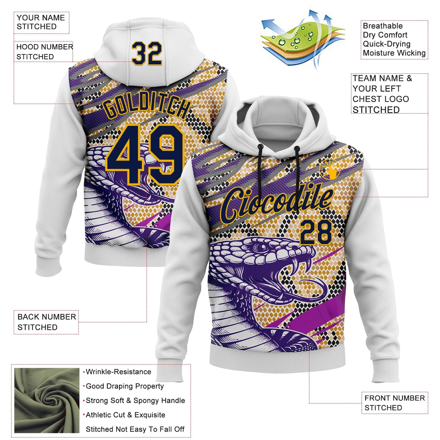 Custom Stitched White Navy Purple Black-Gold 3D Pattern Design Snake Skin Print Sportswear Pullover Sweatshirt Hoodie view 2