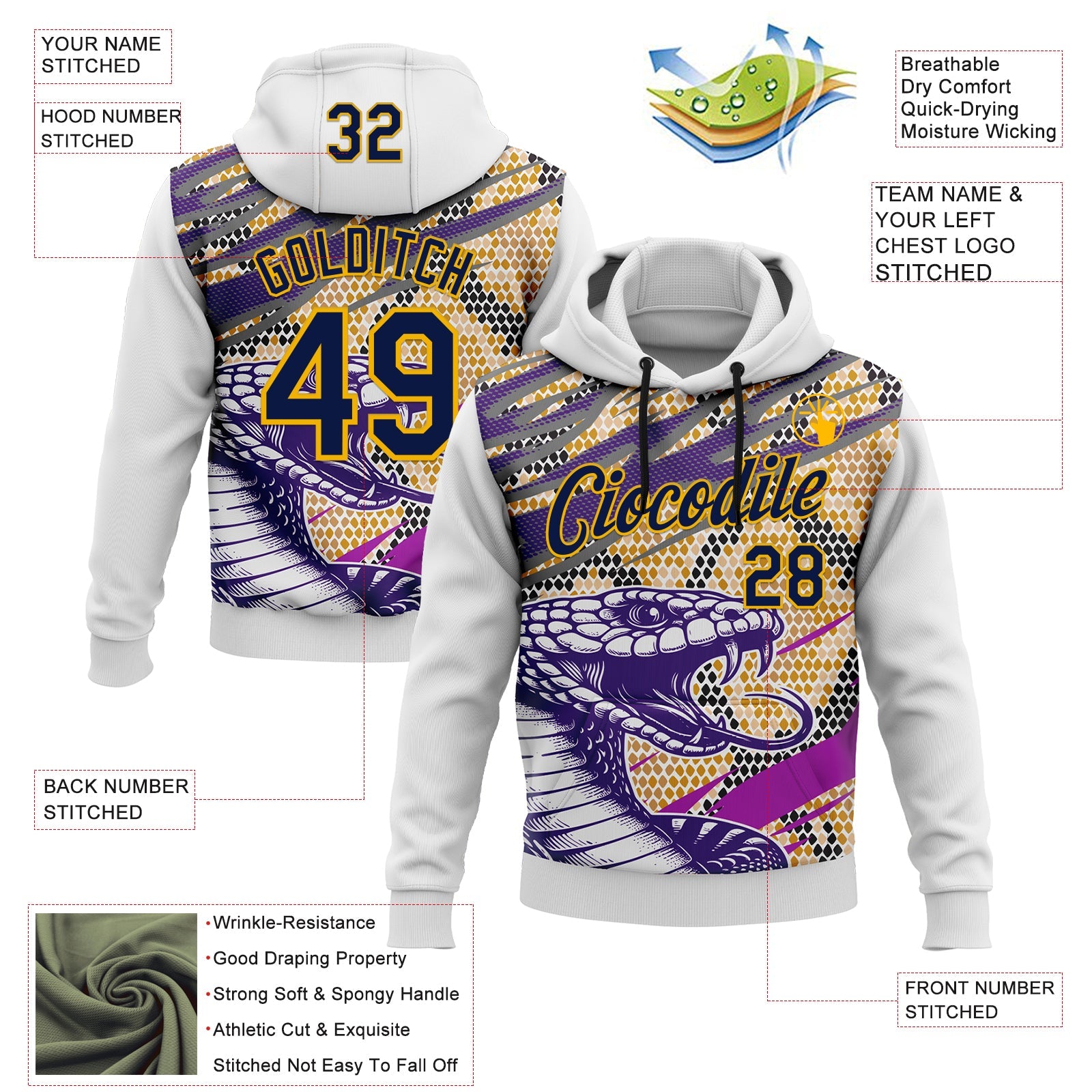 Custom Stitched White Navy Purple Black-Gold 3D Pattern Design Snake Skin Print Sportswear Pullover Sweatshirt Hoodie view 2