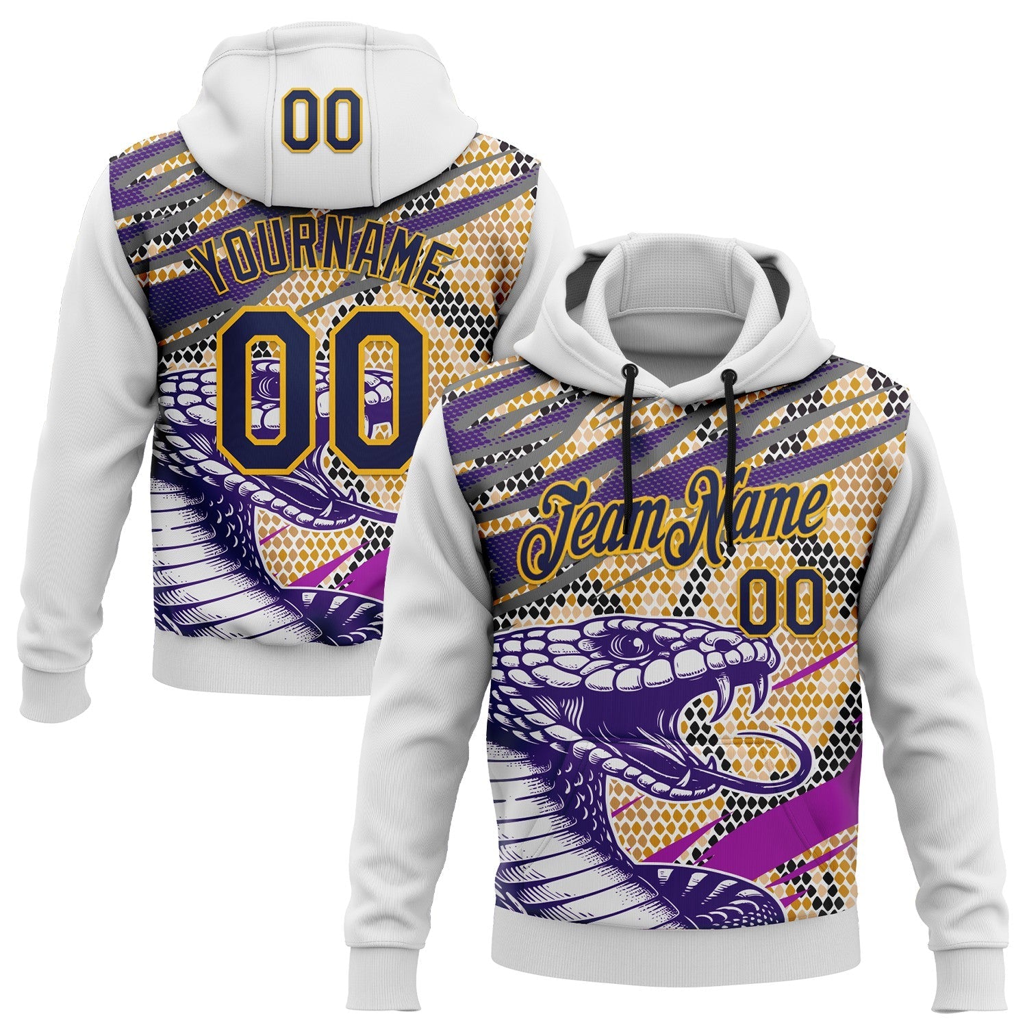 Custom Stitched White Navy Purple Black-Gold 3D Pattern Design Snake Skin Print Sportswear Pullover Sweatshirt Hoodie - Main View