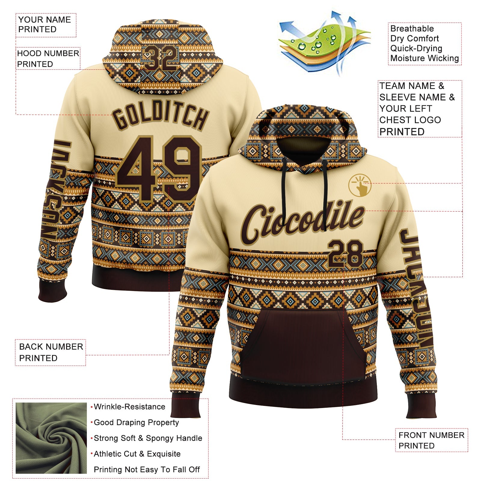 Custom Cream Brown-Old Gold 3D Pattern Design Western Cowboy Tribal Ethnic Sports Pullover Sweatshirt Hoodie view 2