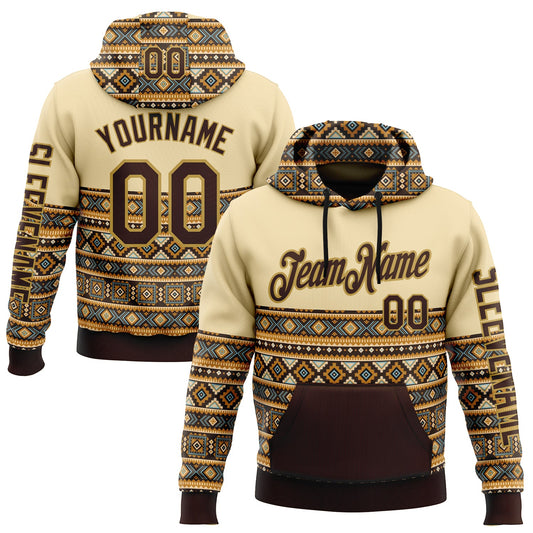 Custom Cream Brown-Old Gold 3D Pattern Design Western Cowboy Tribal Ethnic Sports Pullover Sweatshirt Hoodie - Main View