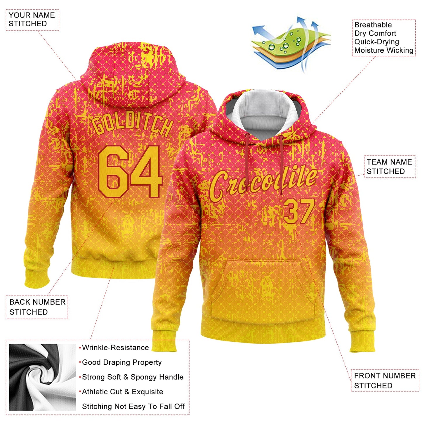 Custom Stitched Red Gold 3D Pattern Design Gradient Abstract Grid Line Sports Pullover Sweatshirt Hoodie view 2